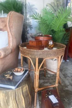Rattan Colonial Round Side Table with Glass Insert