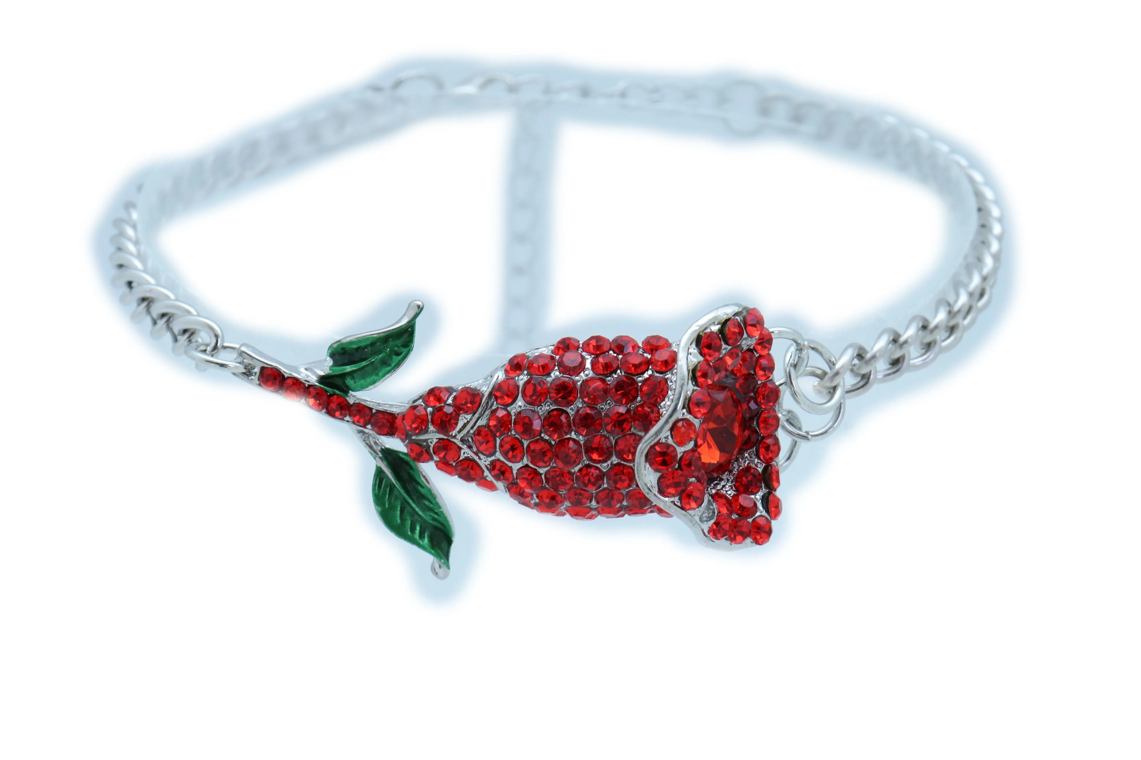 Red Rhinestone Flower Silver Metal Boot Chain