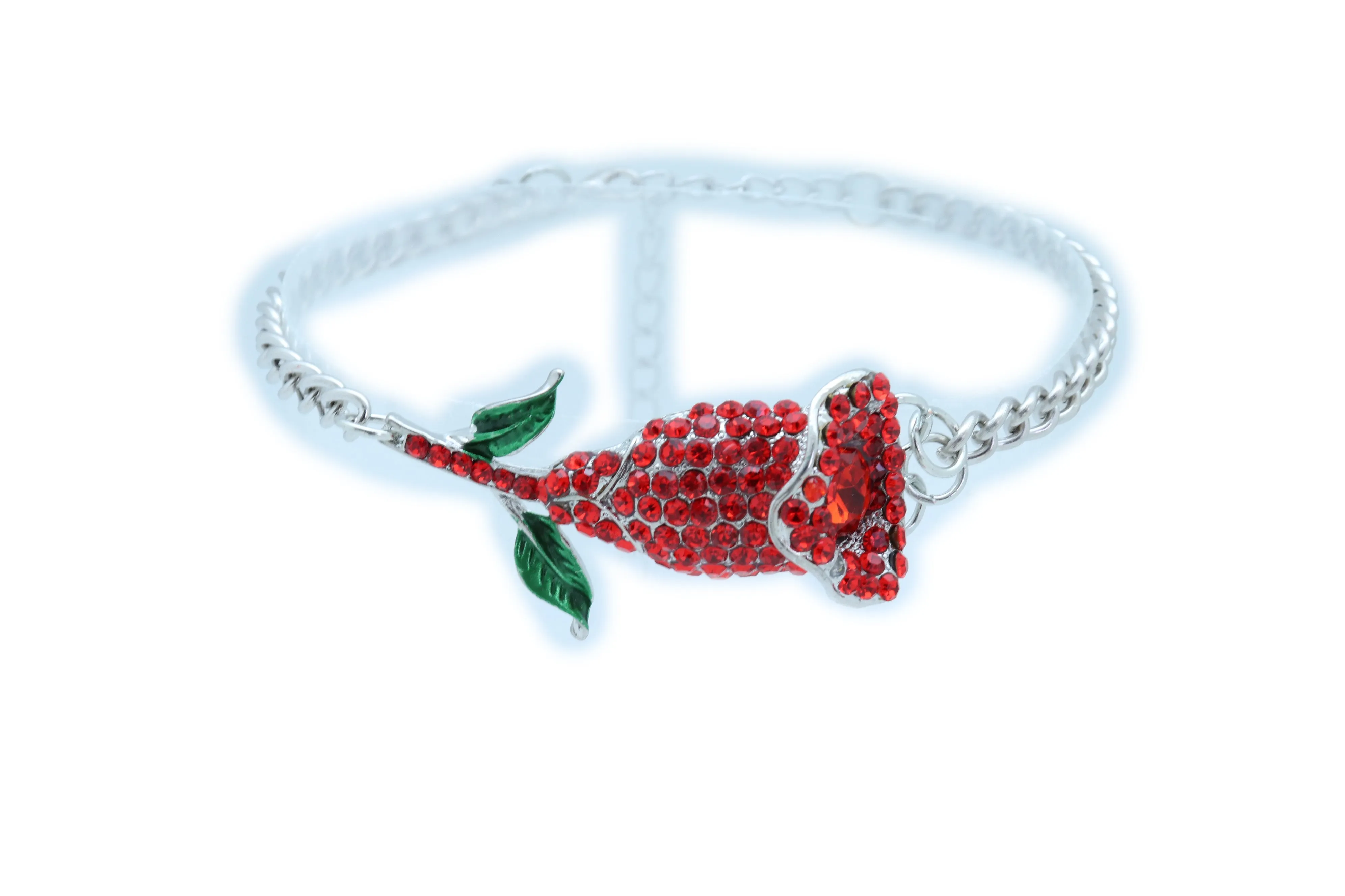 Red Rhinestone Flower Silver Metal Boot Chain