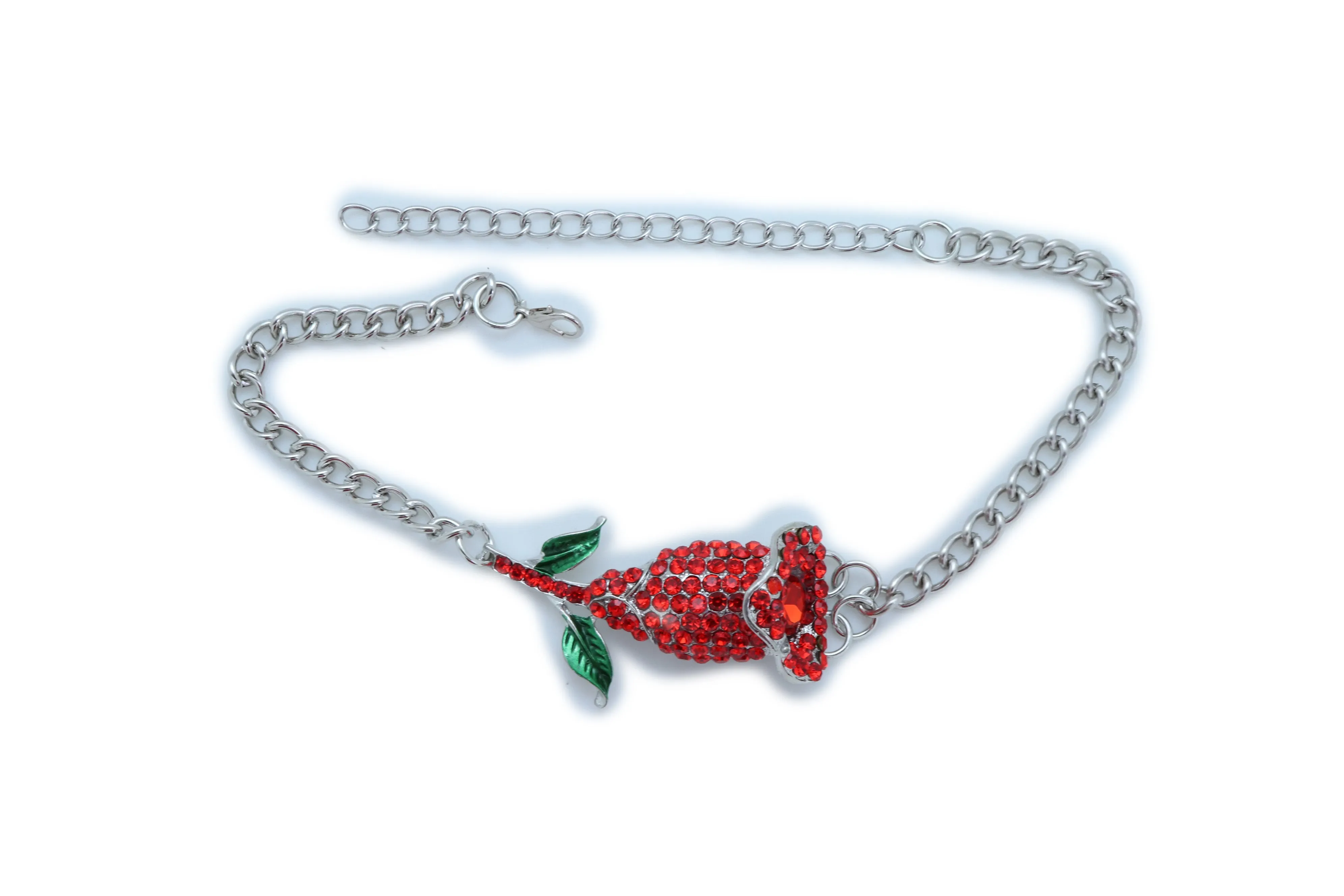 Red Rhinestone Flower Silver Metal Boot Chain