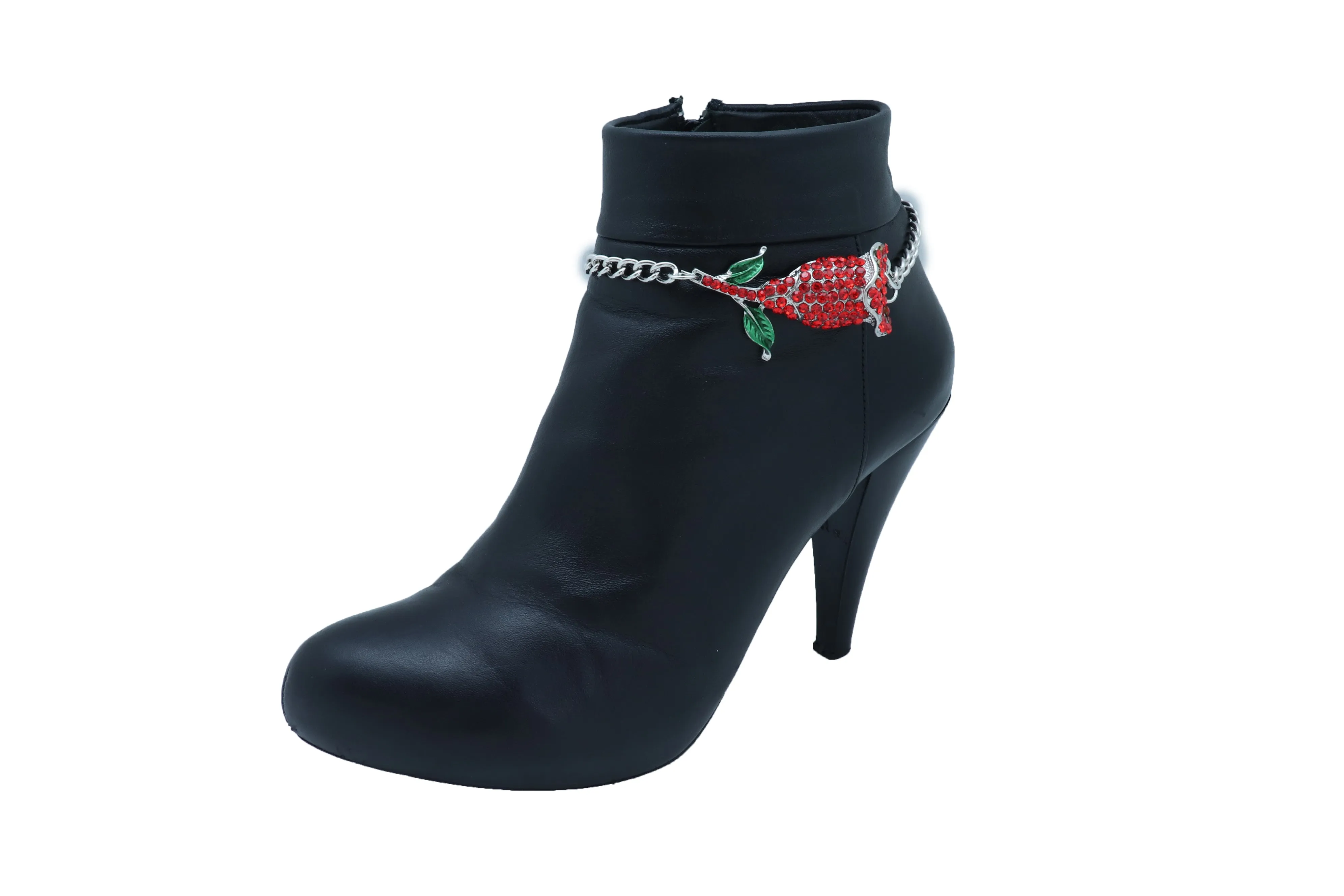 Red Rhinestone Flower Silver Metal Boot Chain