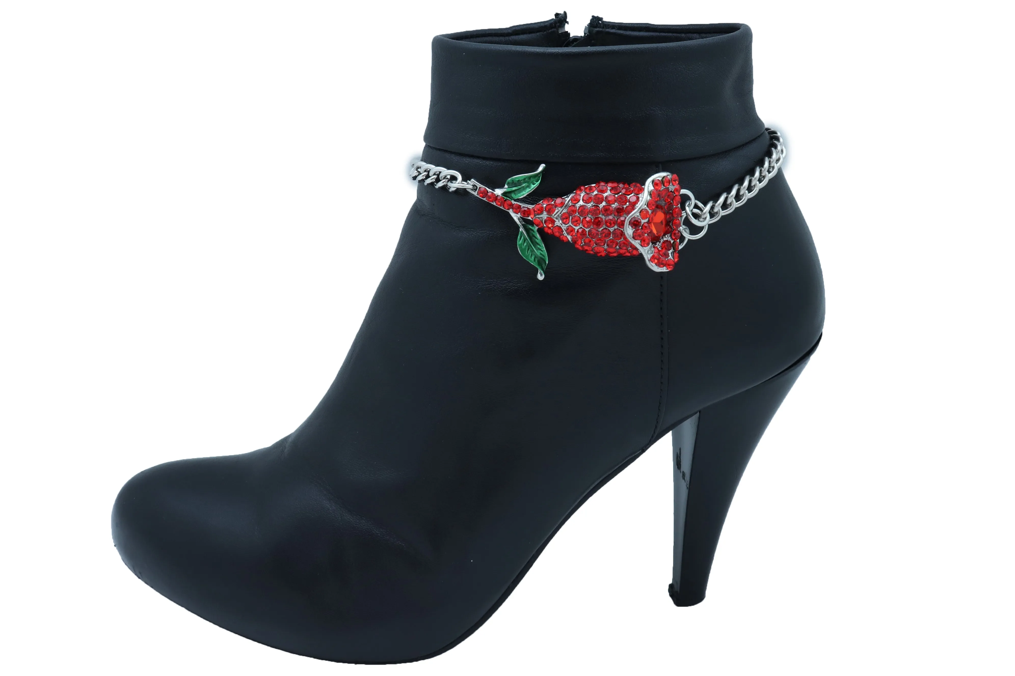 Red Rhinestone Flower Silver Metal Boot Chain