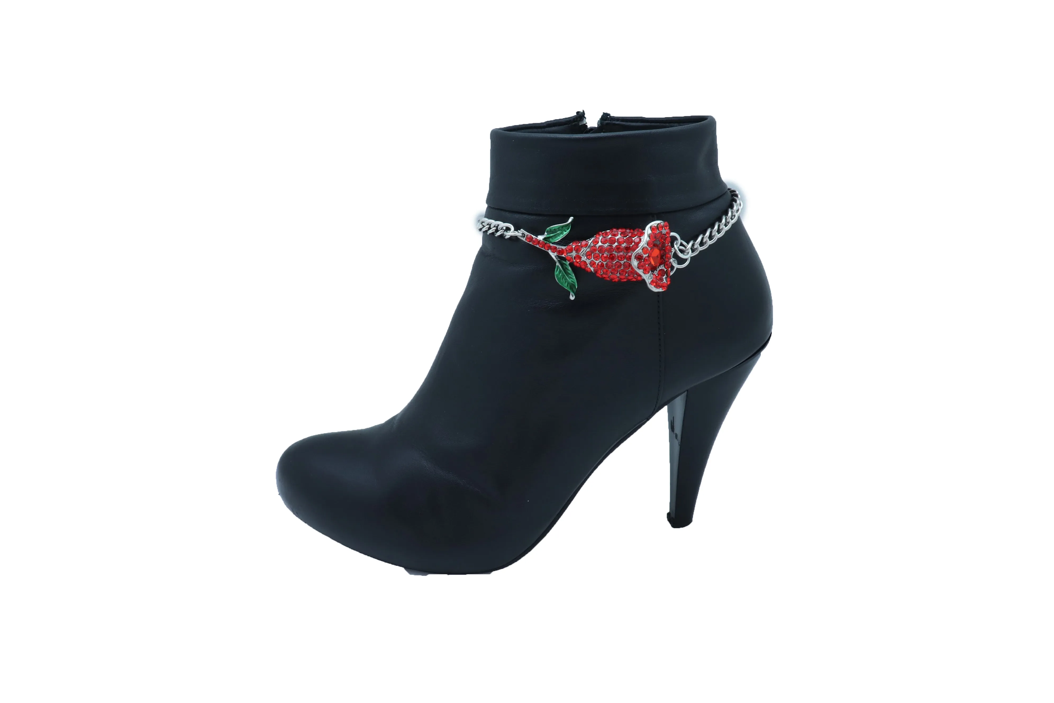 Red Rhinestone Flower Silver Metal Boot Chain