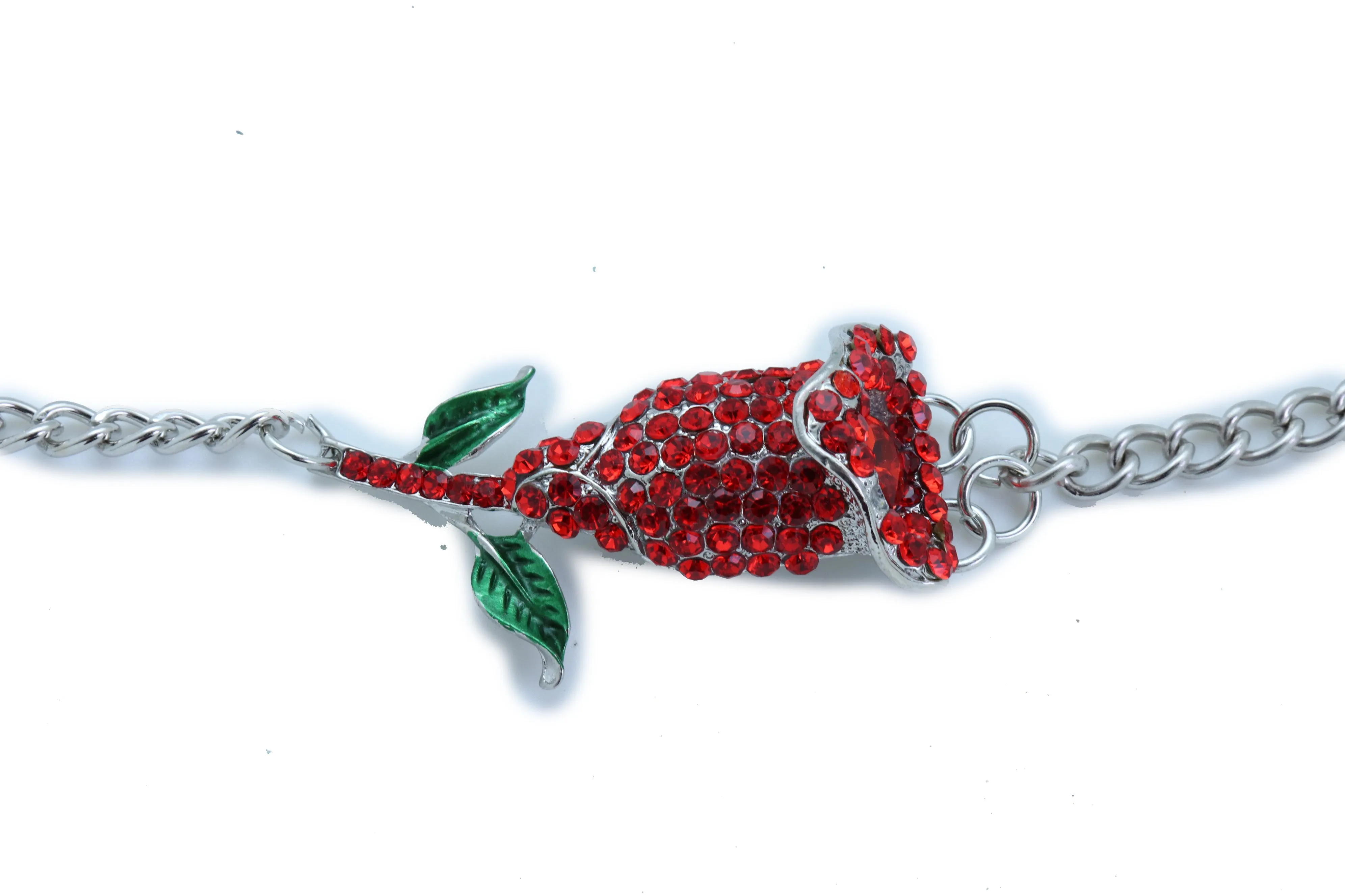Red Rhinestone Flower Silver Metal Boot Chain