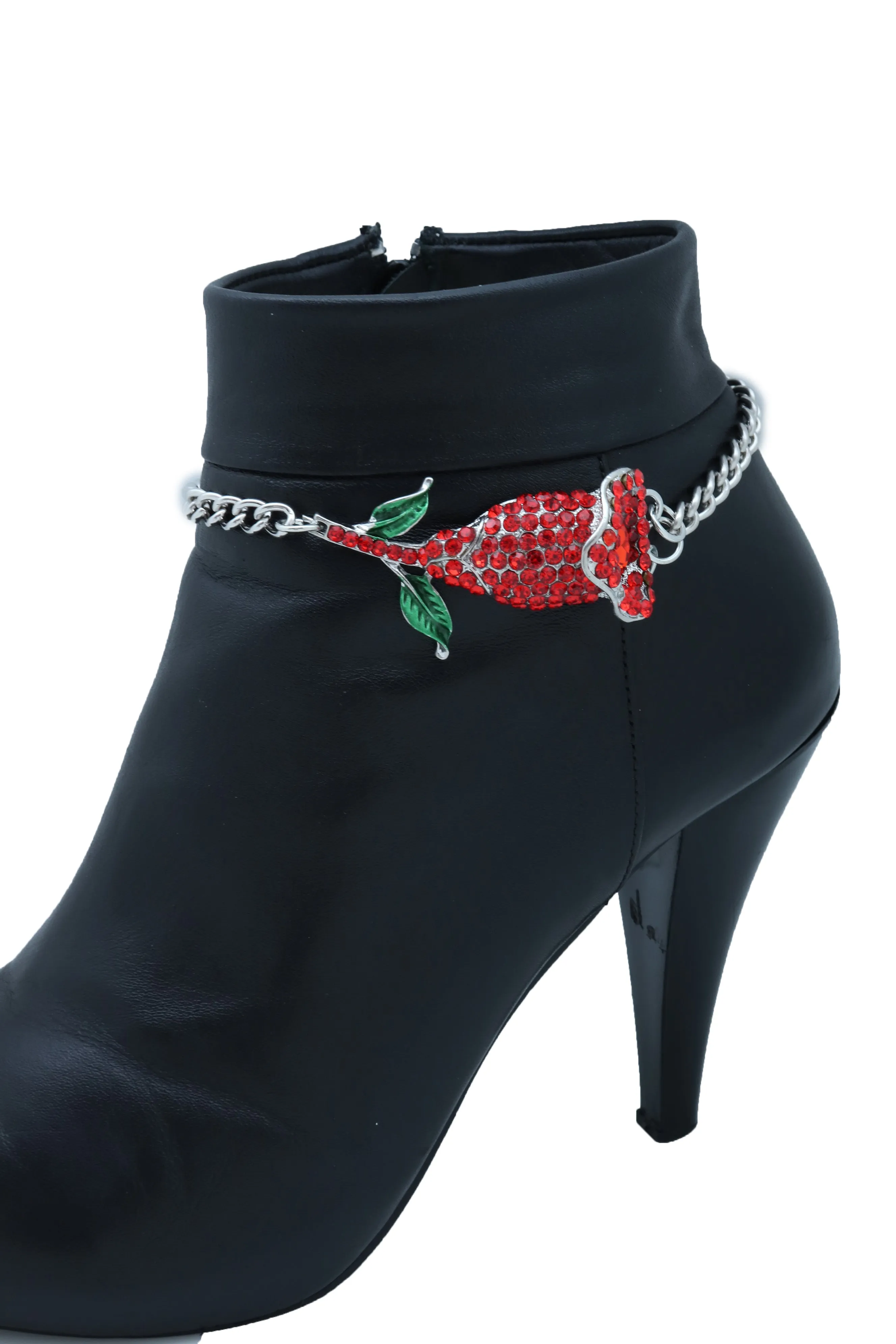 Red Rhinestone Flower Silver Metal Boot Chain