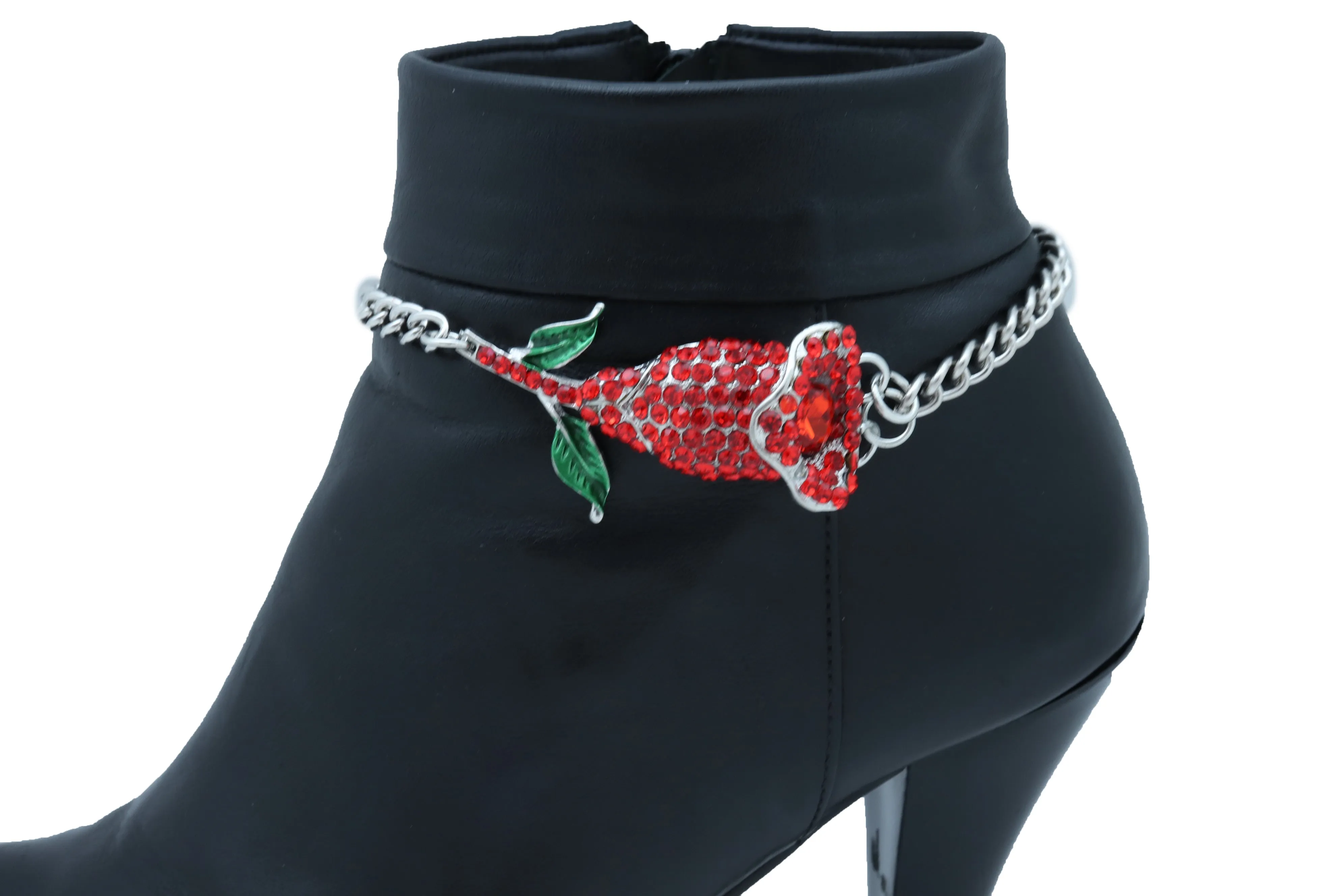 Red Rhinestone Flower Silver Metal Boot Chain