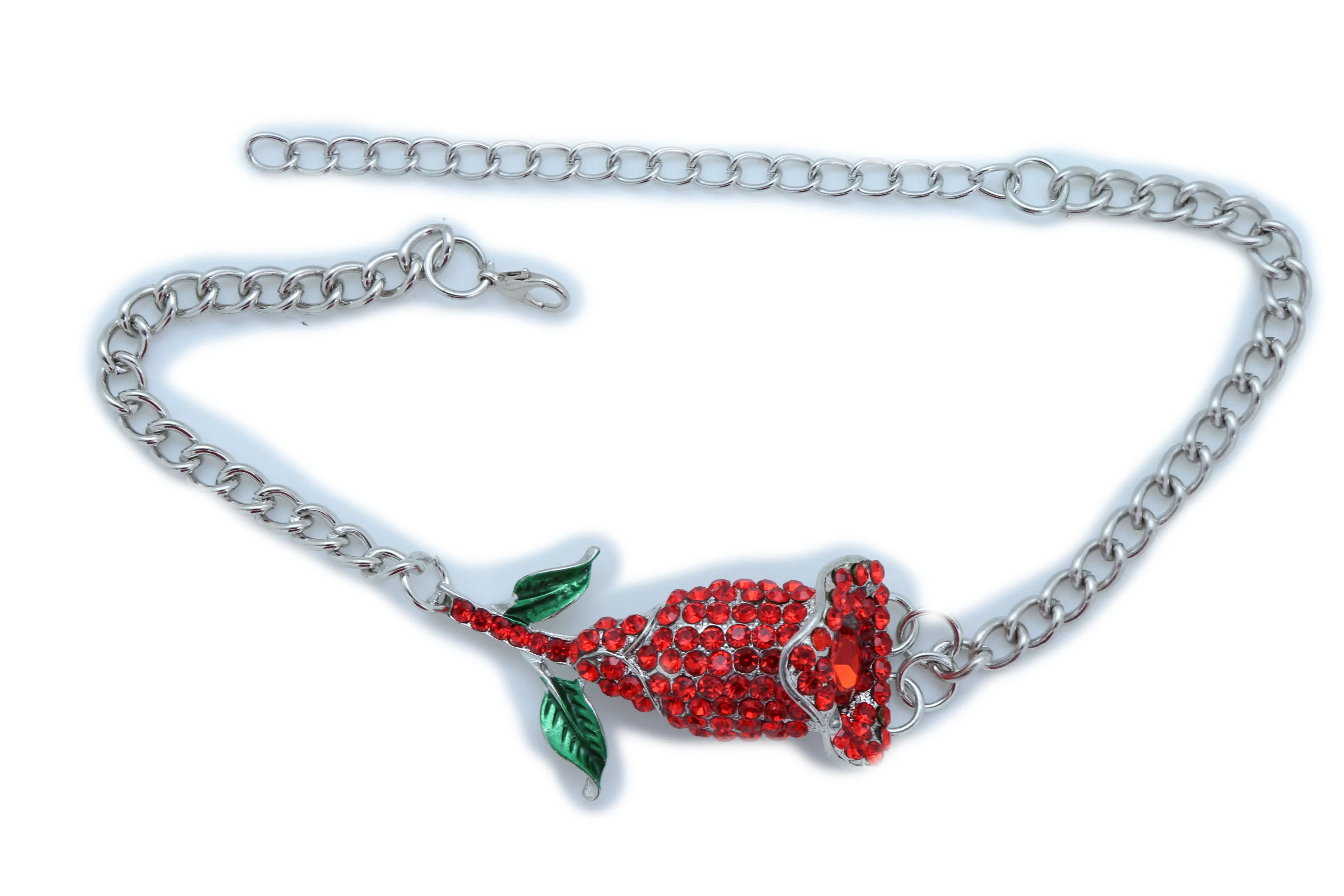 Red Rhinestone Flower Silver Metal Boot Chain