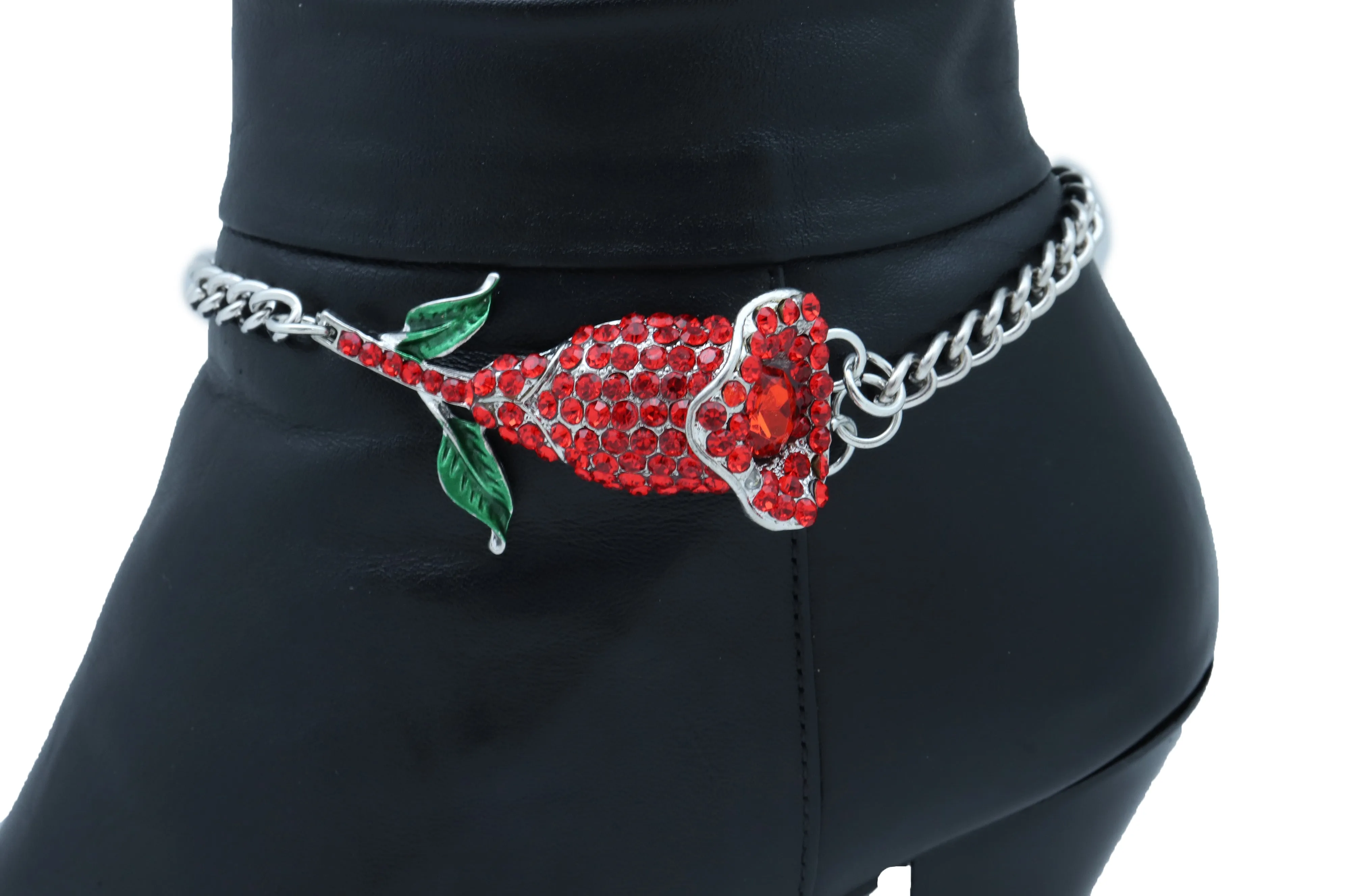 Red Rhinestone Flower Silver Metal Boot Chain
