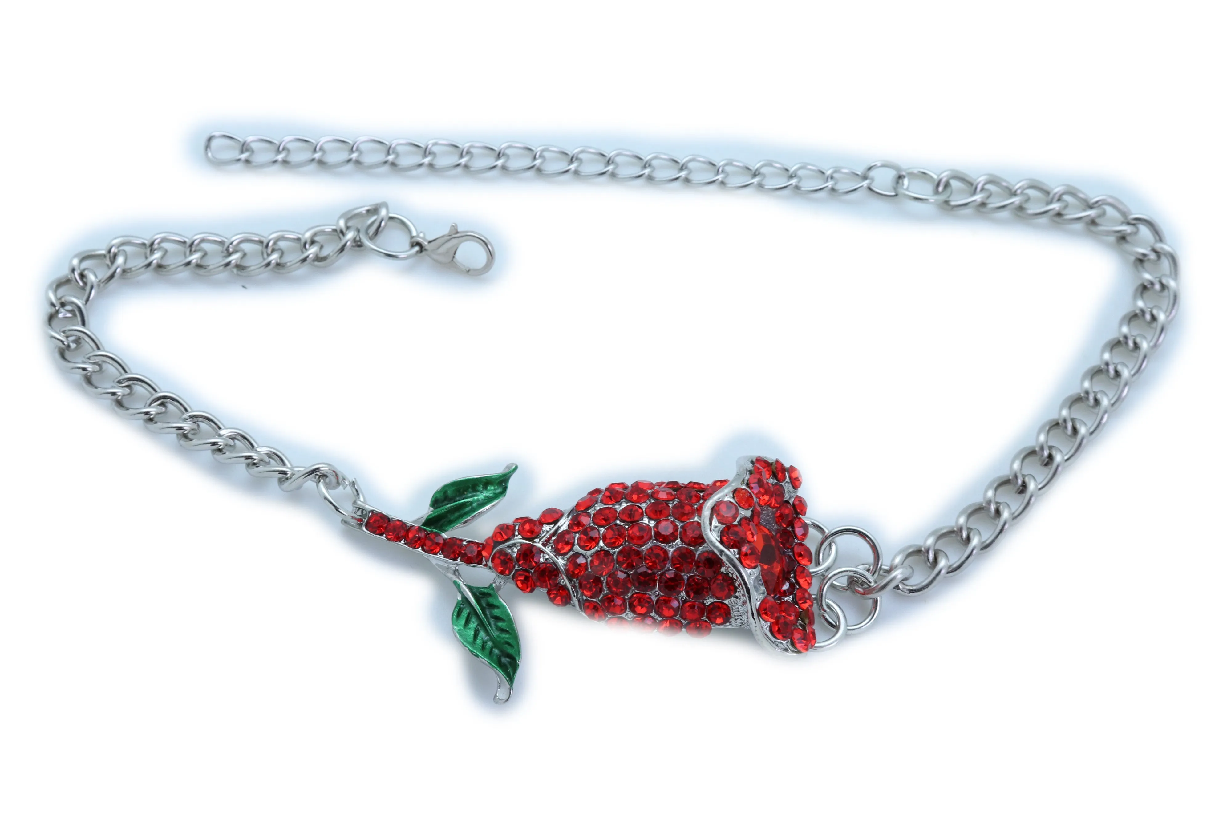 Red Rhinestone Flower Silver Metal Boot Chain