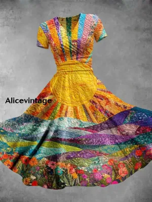 Retro Art Print V Neck Elegant Chic Loose Short Sleeve Midi Dress