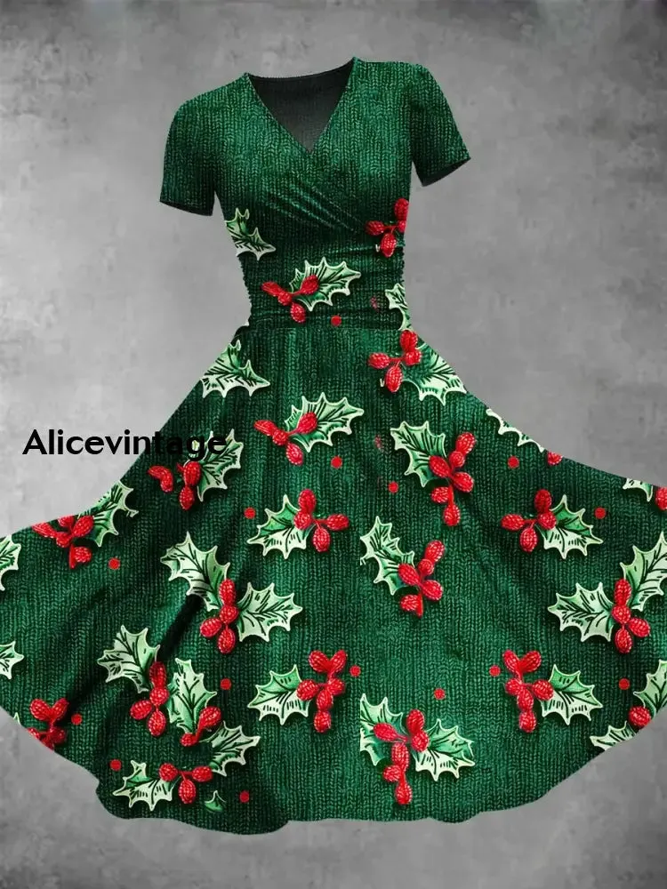 Retro Christmas Print V Neck Elegant Chic Loose Short Sleeve Midi Dress