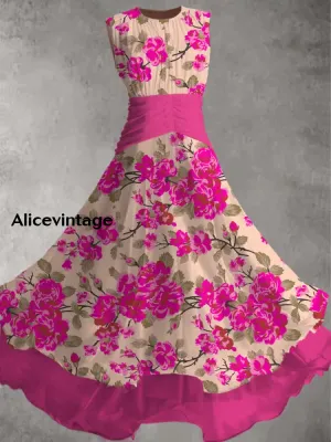 Retro Floral Art Printed Vintage Elegant Chic Double Layer Hemline Sleeveless Maxi Dress