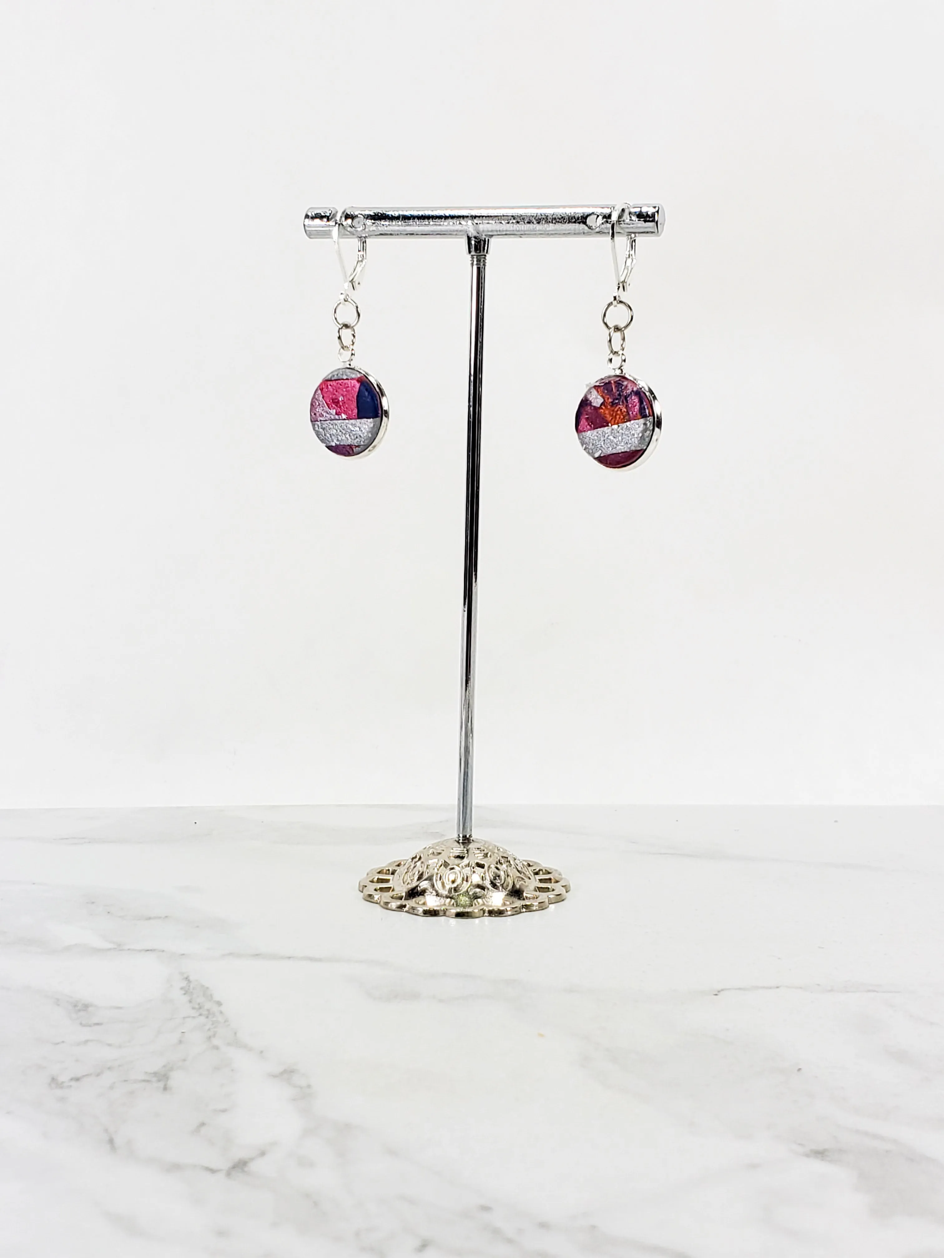 Round Bezel Dangle Earring - Marbled - Viva Magenta