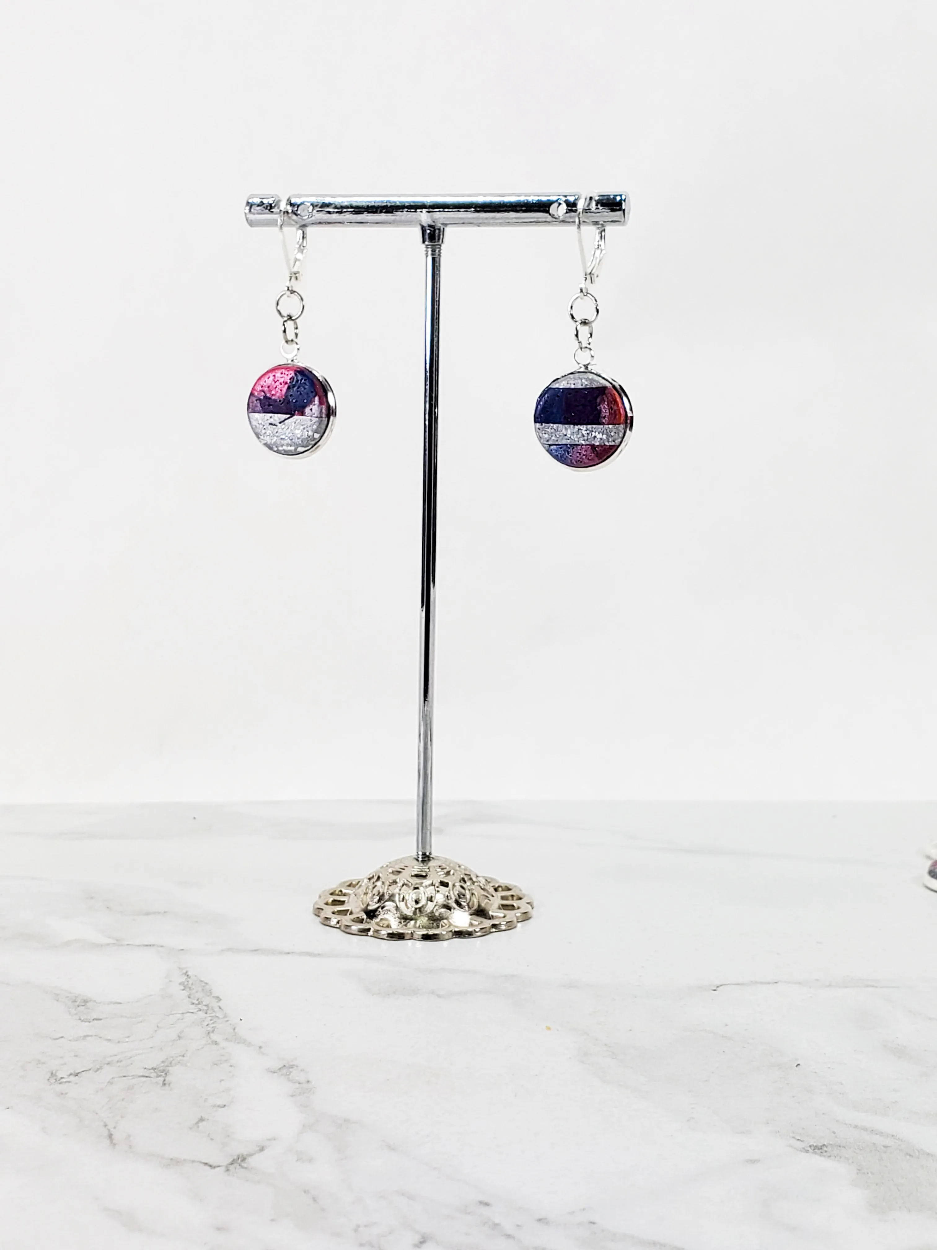 Round Bezel Dangle Earring - Marbled - Viva Magenta