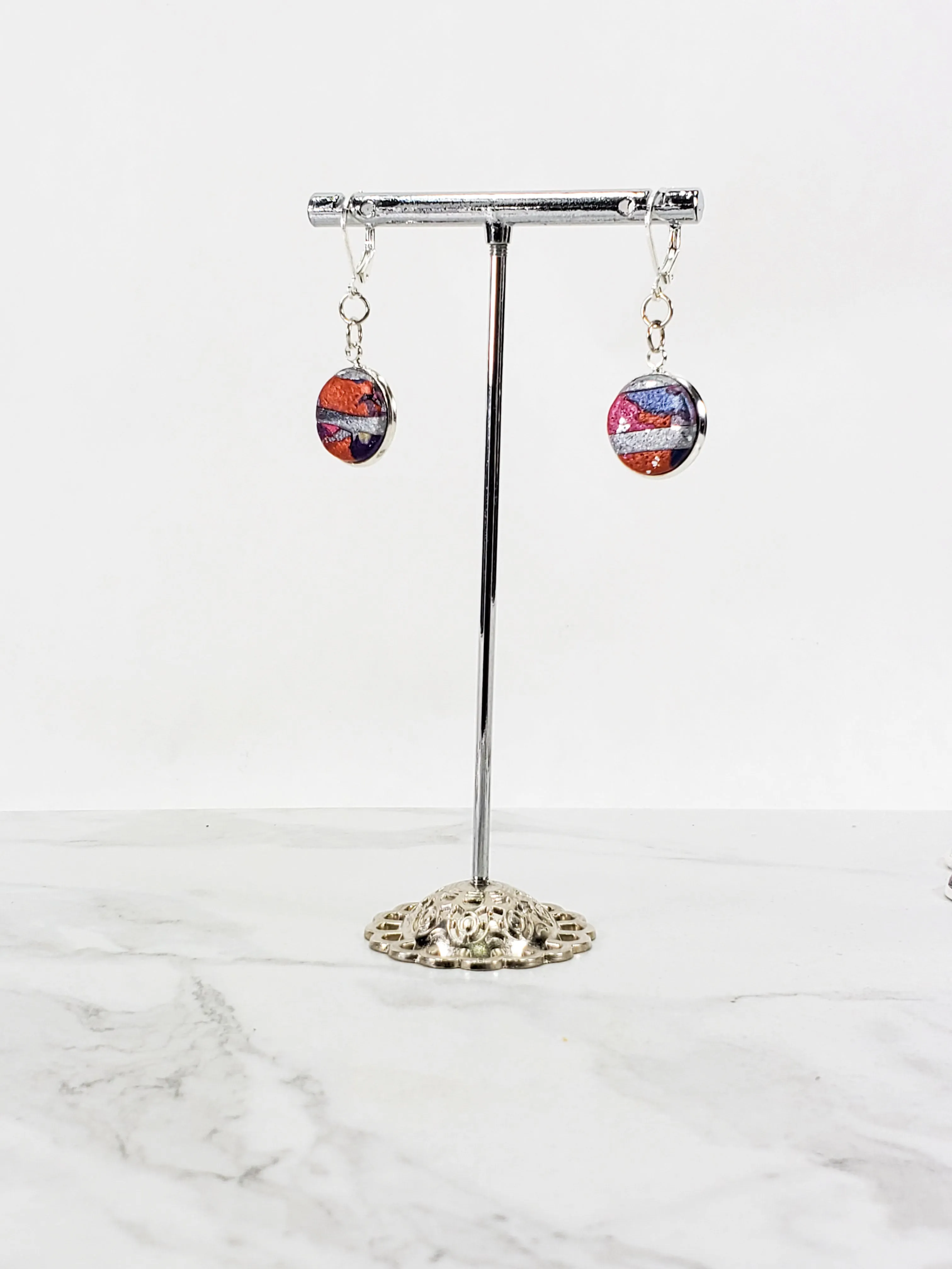 Round Bezel Dangle Earring - Marbled - Viva Magenta