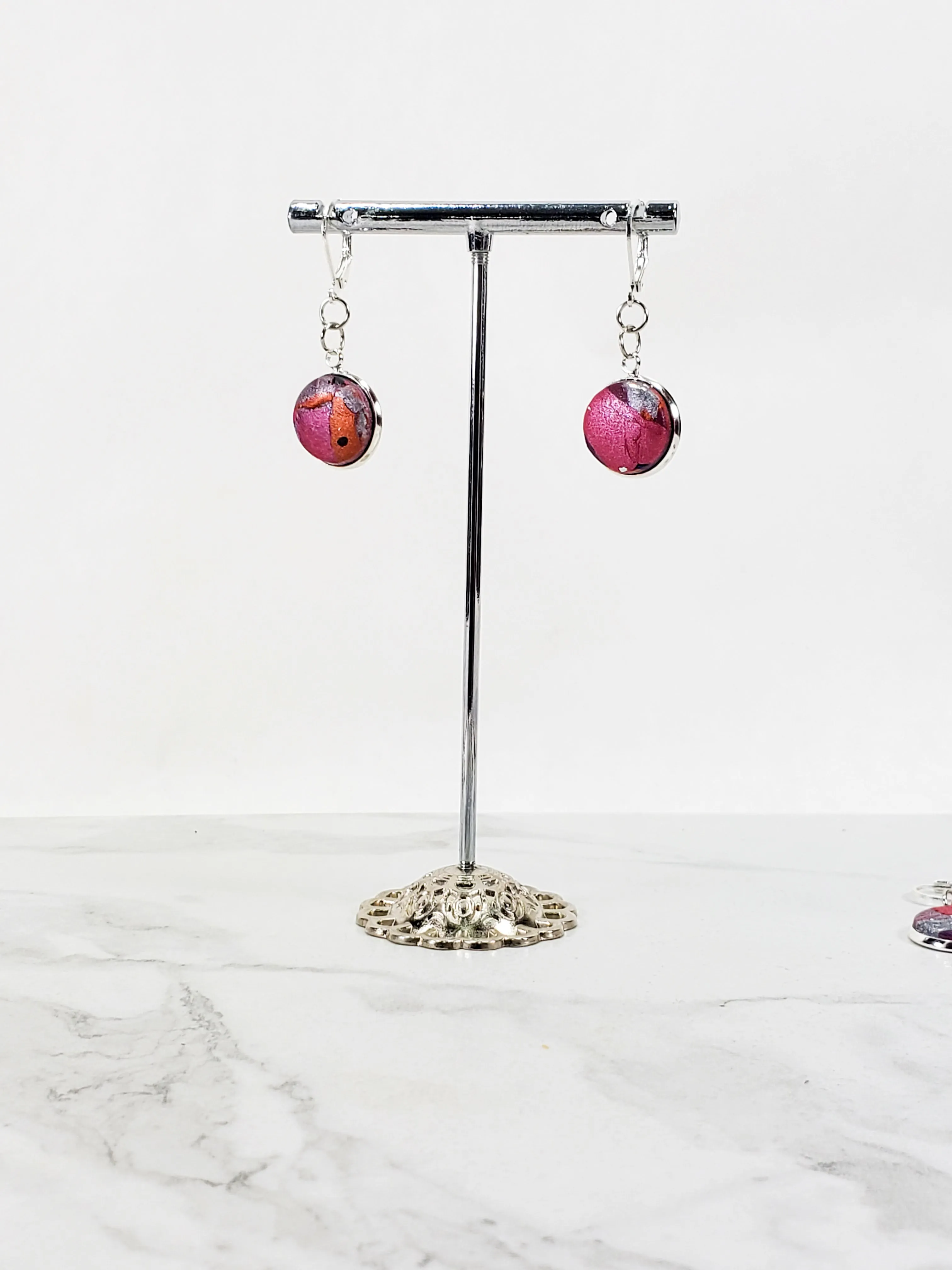Round Bezel Dangle Earring - Marbled - Viva Magenta