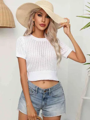 Round Neck Openwork Short Sleeve Knit Top