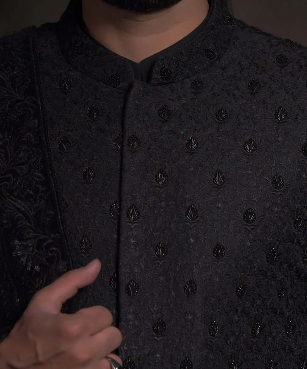 Royal Jet Black Heavily Thread Embroidered Pakistani Groom Sherwani