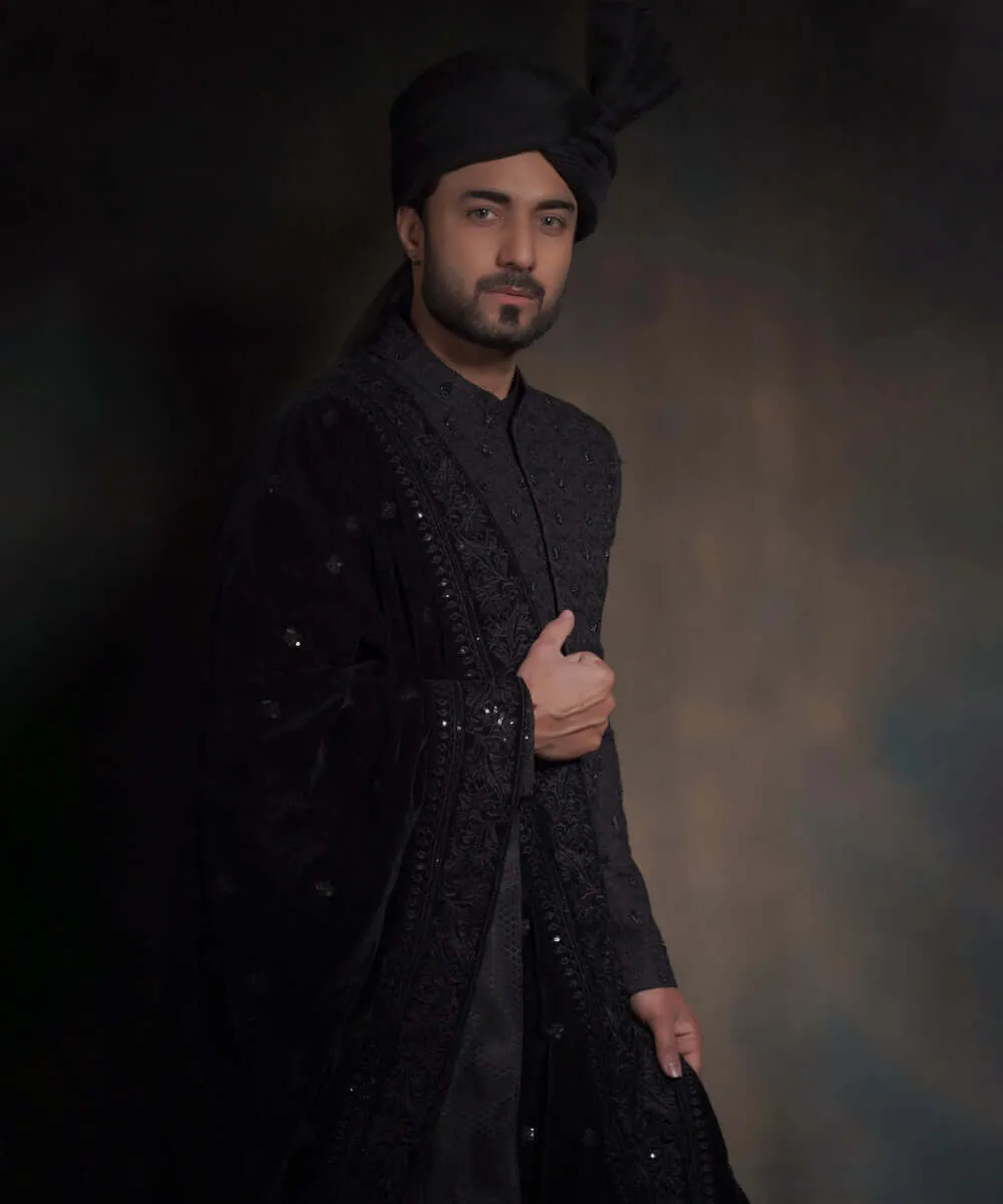 Royal Jet Black Heavily Thread Embroidered Pakistani Groom Sherwani