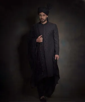 Royal Jet Black Heavily Thread Embroidered Pakistani Groom Sherwani