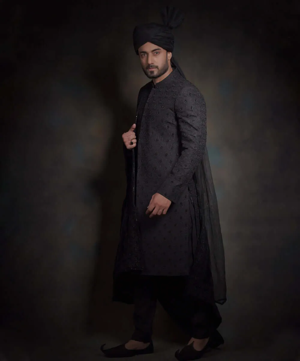 Royal Jet Black Heavily Thread Embroidered Pakistani Groom Sherwani