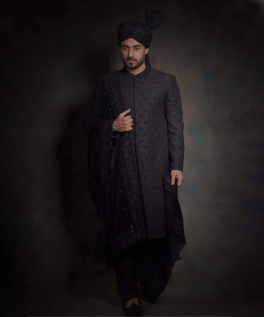 Royal Jet Black Heavily Thread Embroidered Pakistani Groom Sherwani