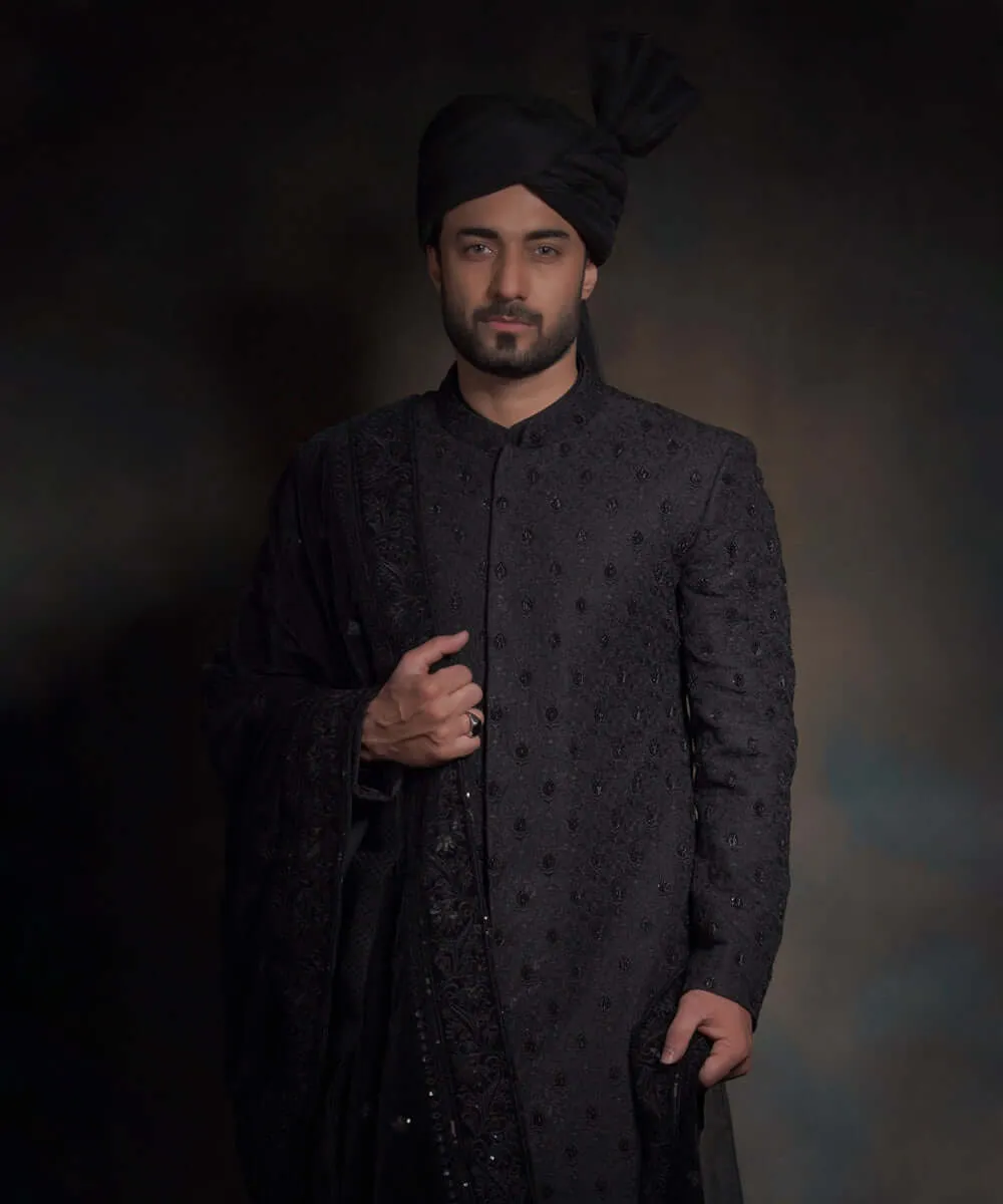 Royal Jet Black Heavily Thread Embroidered Pakistani Groom Sherwani