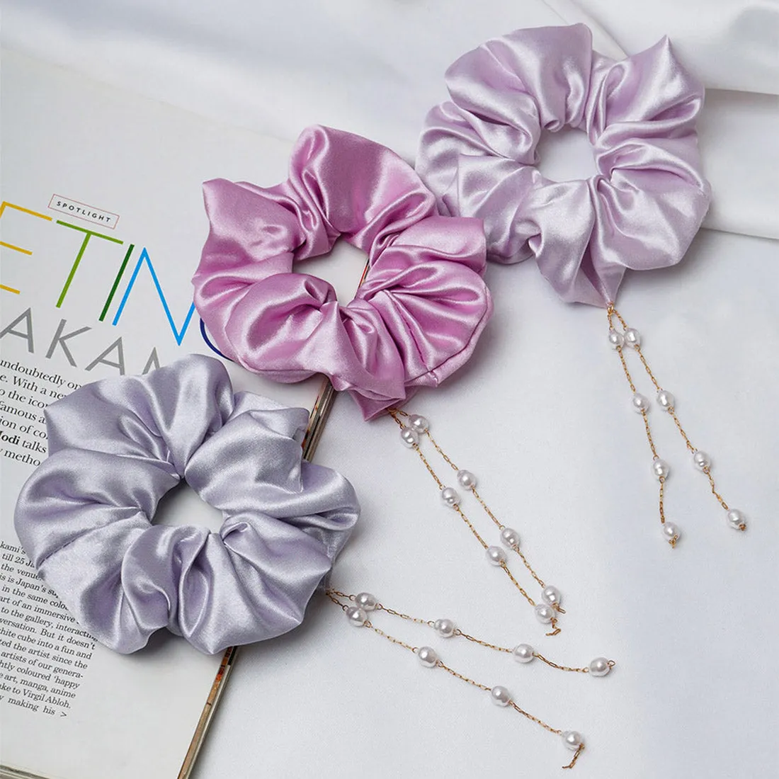 Shades of Lavender Pearl Dangling Scrunchie Set of 3