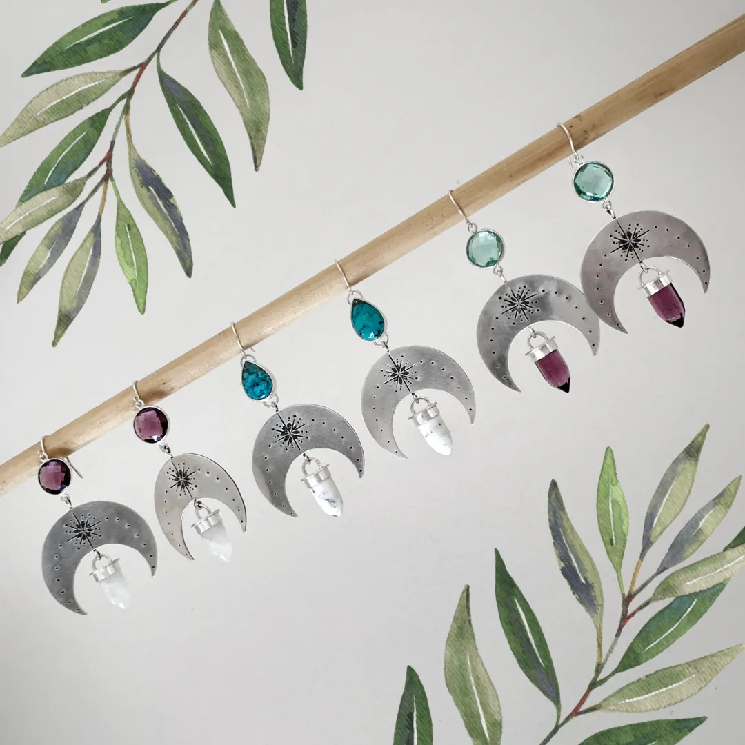 Silver moon earrings with amethyst & moonstone