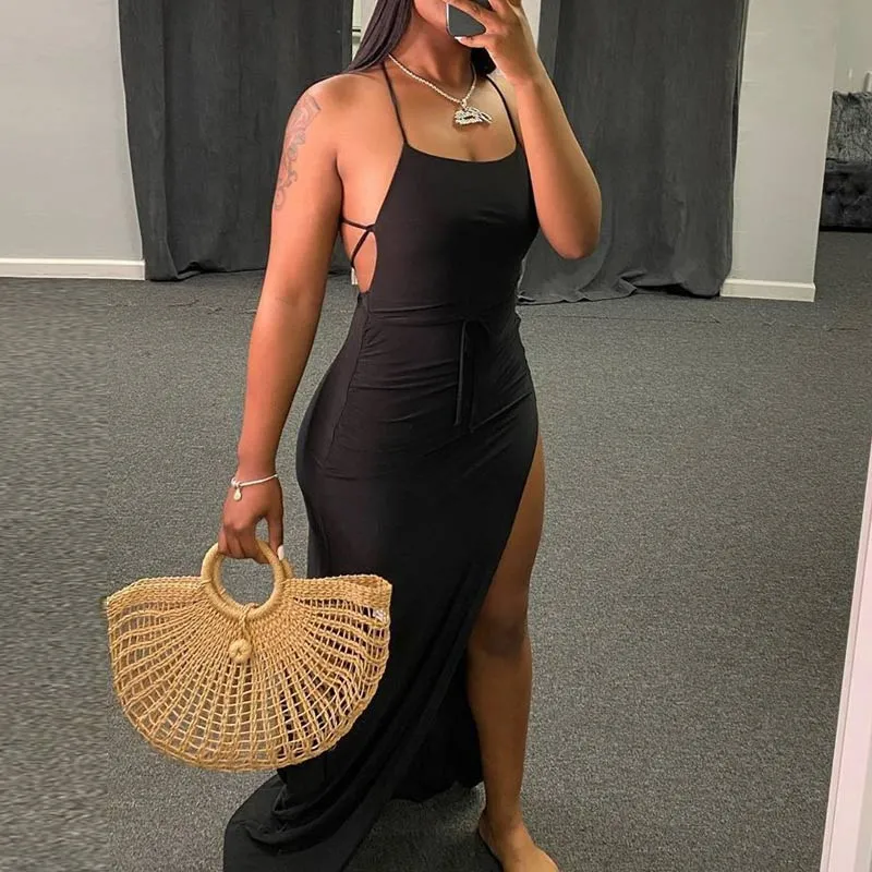Solid Sleeveless Bandage High Slit Maxi Dress