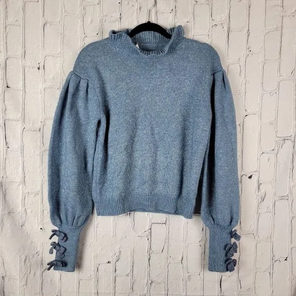 Something Navy Hattie blue ruffle mockneck bow cuff sleeve knit sweater top