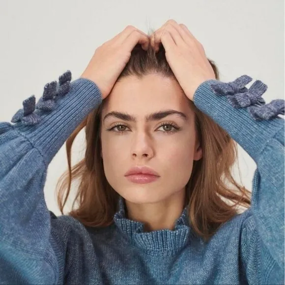 Something Navy Hattie blue ruffle mockneck bow cuff sleeve knit sweater top