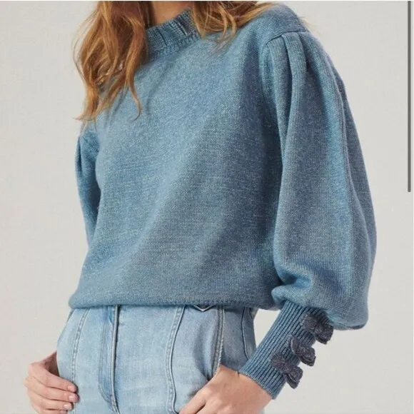 Something Navy Hattie blue ruffle mockneck bow cuff sleeve knit sweater top