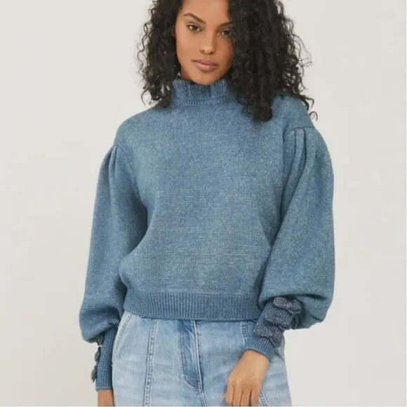 Something Navy Hattie blue ruffle mockneck bow cuff sleeve knit sweater top
