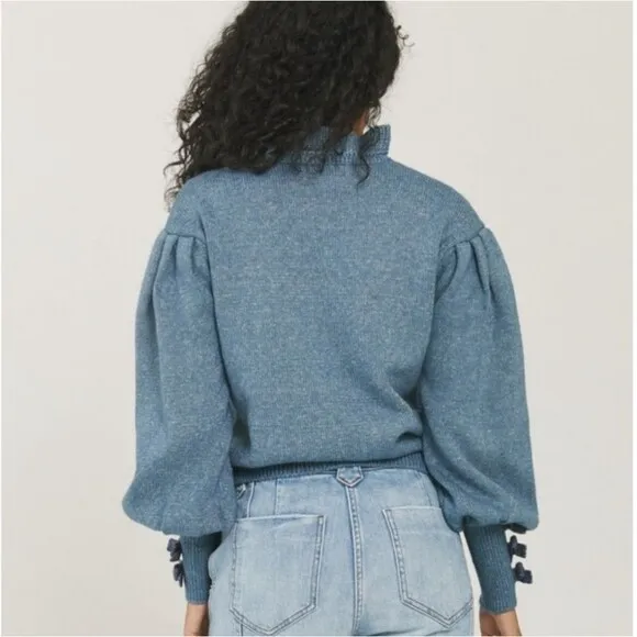 Something Navy Hattie blue ruffle mockneck bow cuff sleeve knit sweater top