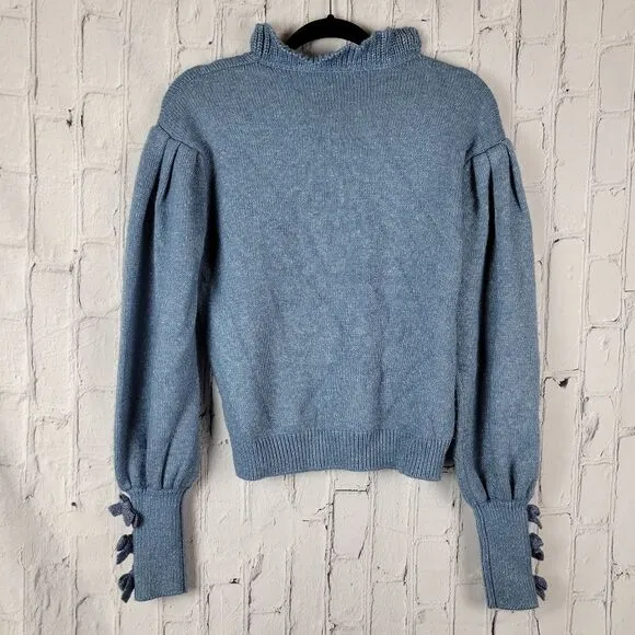 Something Navy Hattie blue ruffle mockneck bow cuff sleeve knit sweater top