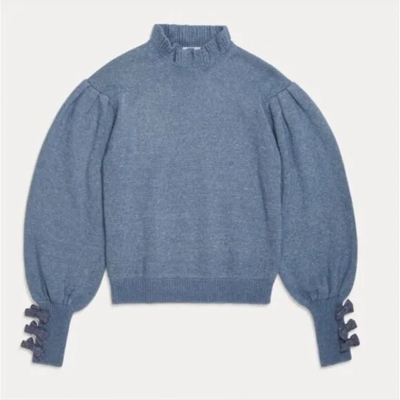 Something Navy Hattie blue ruffle mockneck bow cuff sleeve knit sweater top