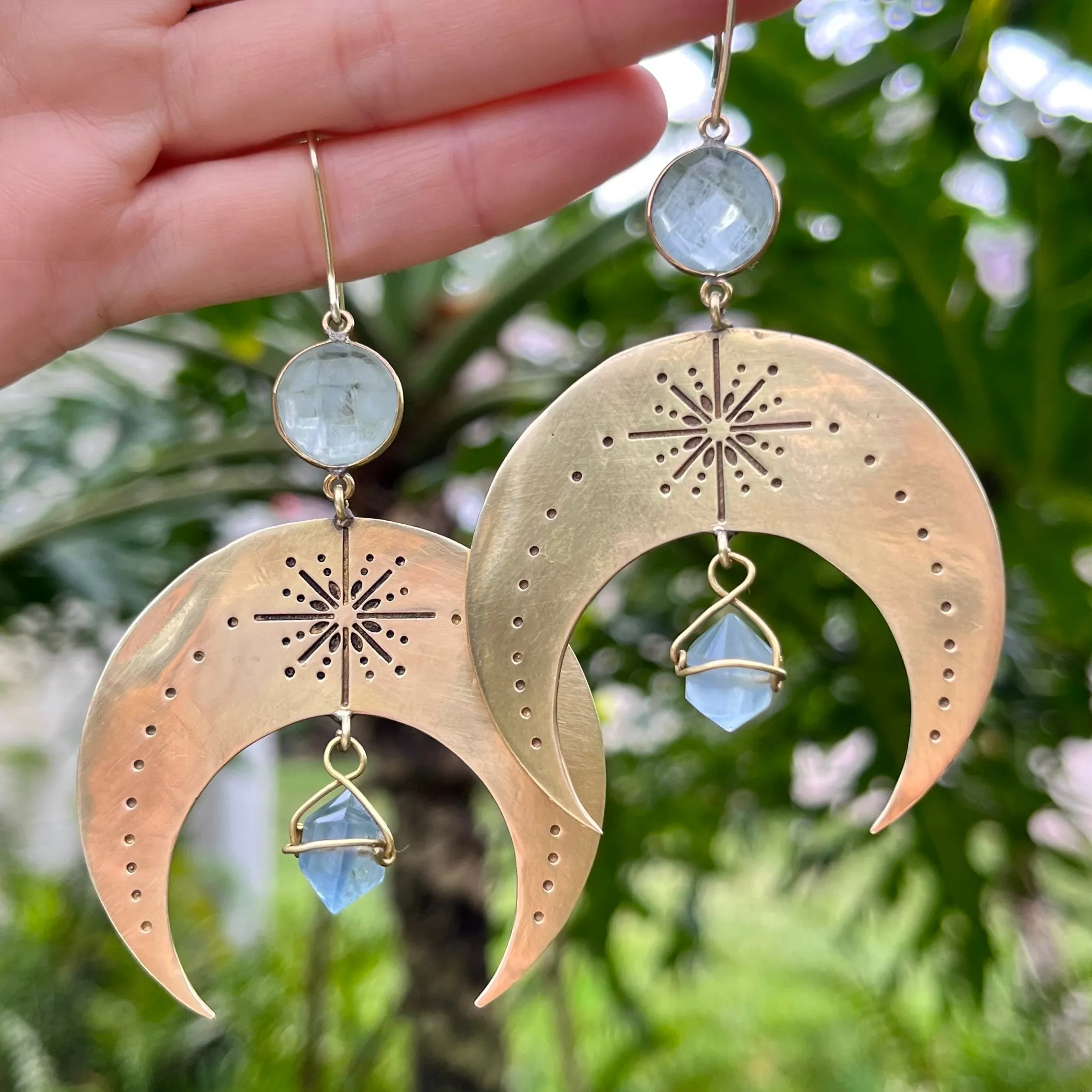 Stamped brass moon earrings with aqua quartz & fluorite