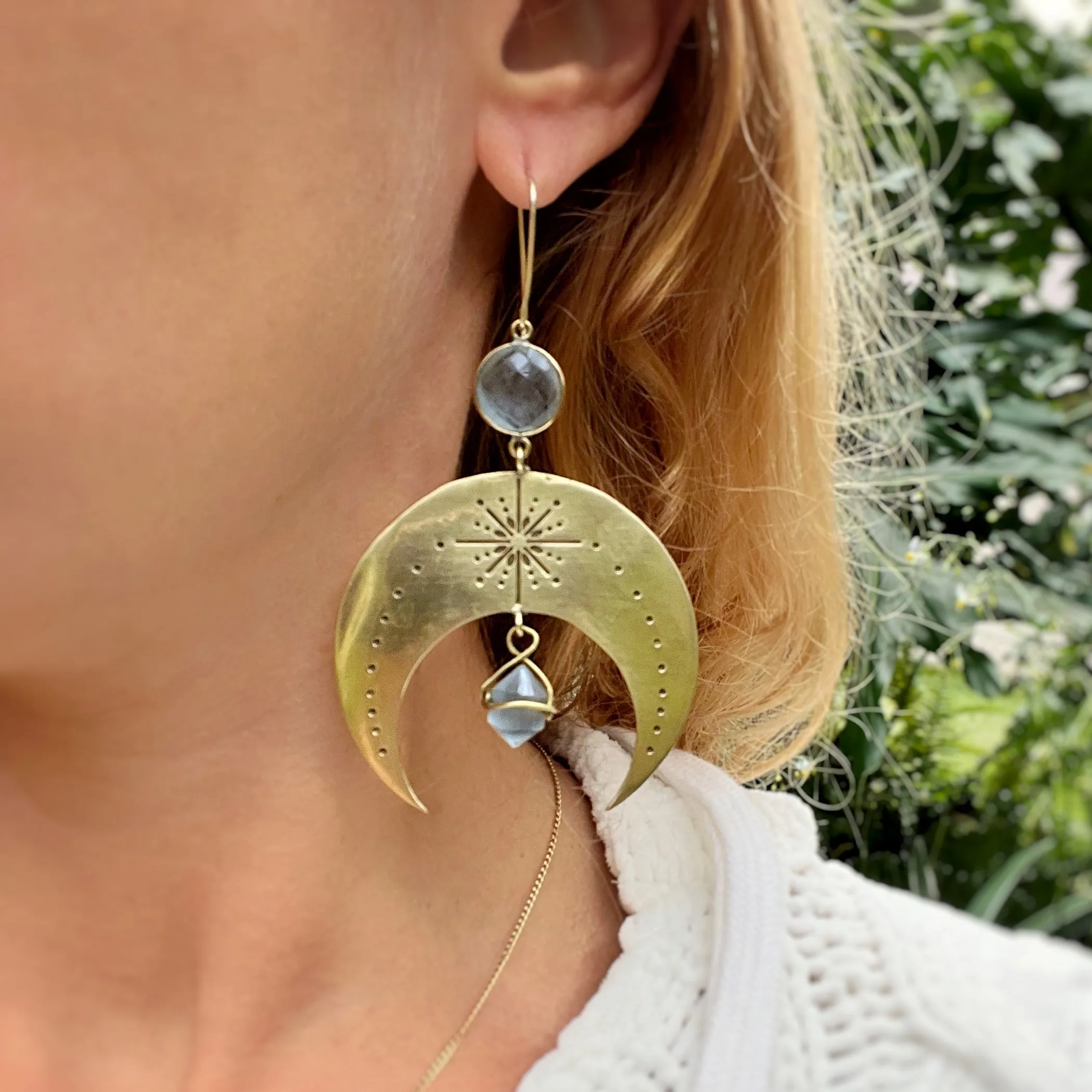 Stamped brass moon earrings with aqua quartz & fluorite