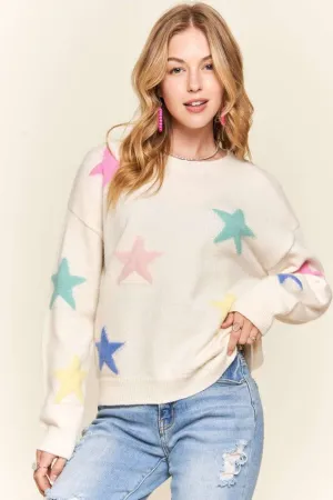 Star Print Round Neck Drop Shoulder Sweater
