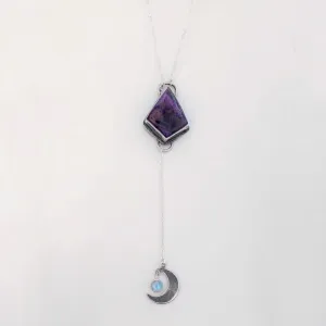Sugilite & moonstone lariat necklace in silver