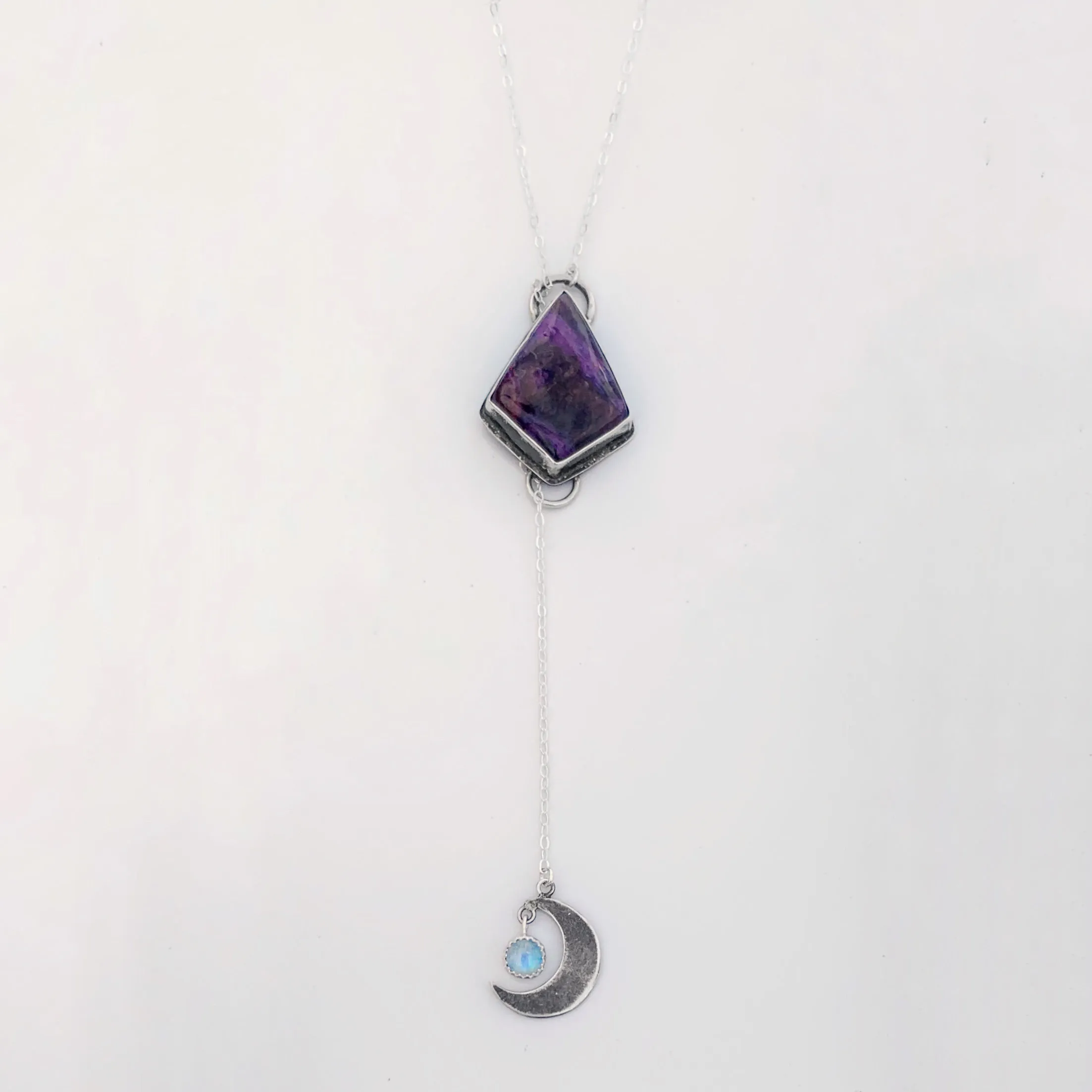 Sugilite & moonstone lariat necklace in silver