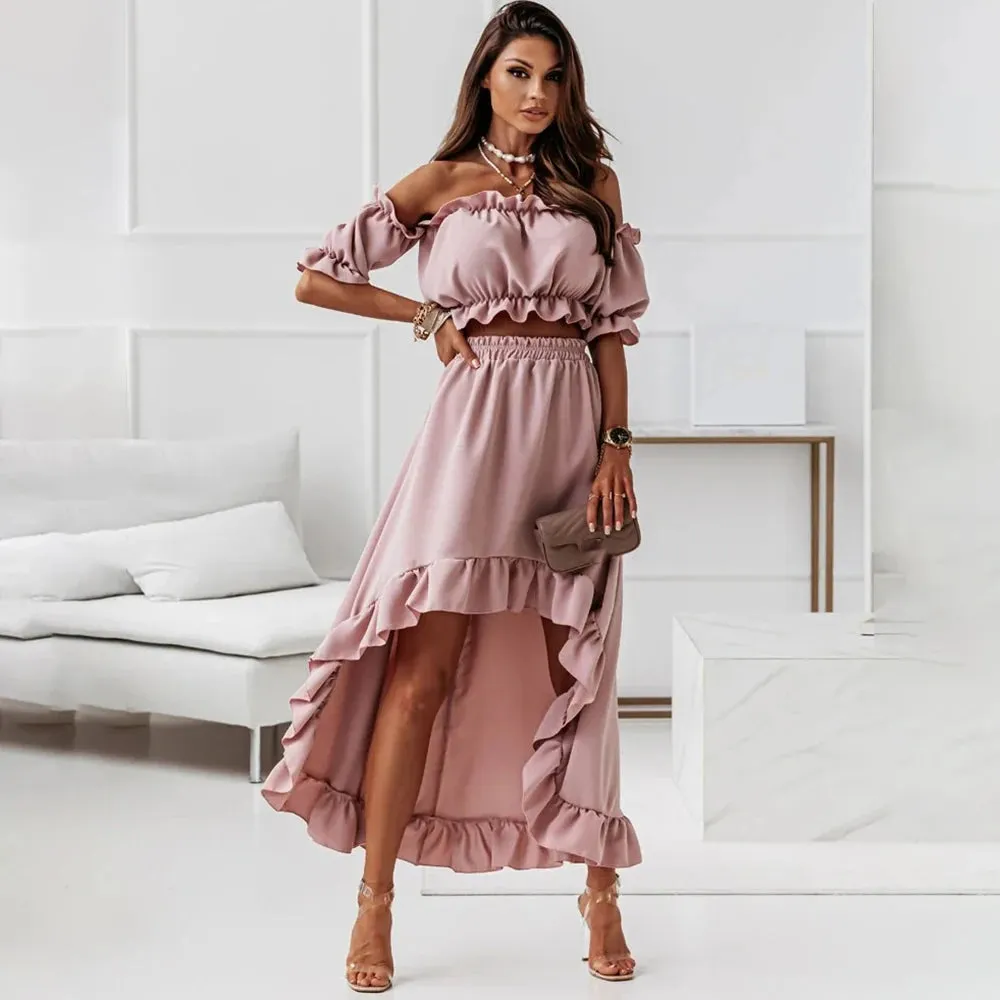 Summer Elegant Ruffle Two-Piece Set | Slash Neck Puff Sleeve Dress
