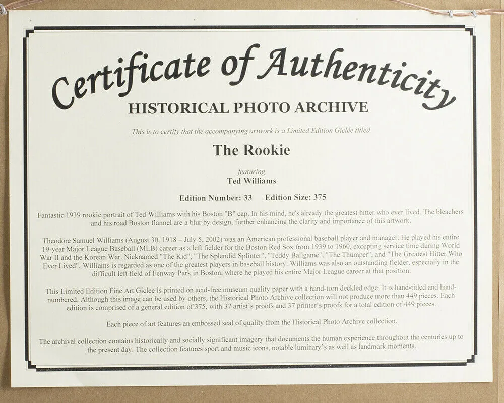 Ted Williams Framed The Rookie LE 10.5x14 Photo Archive Giclee
