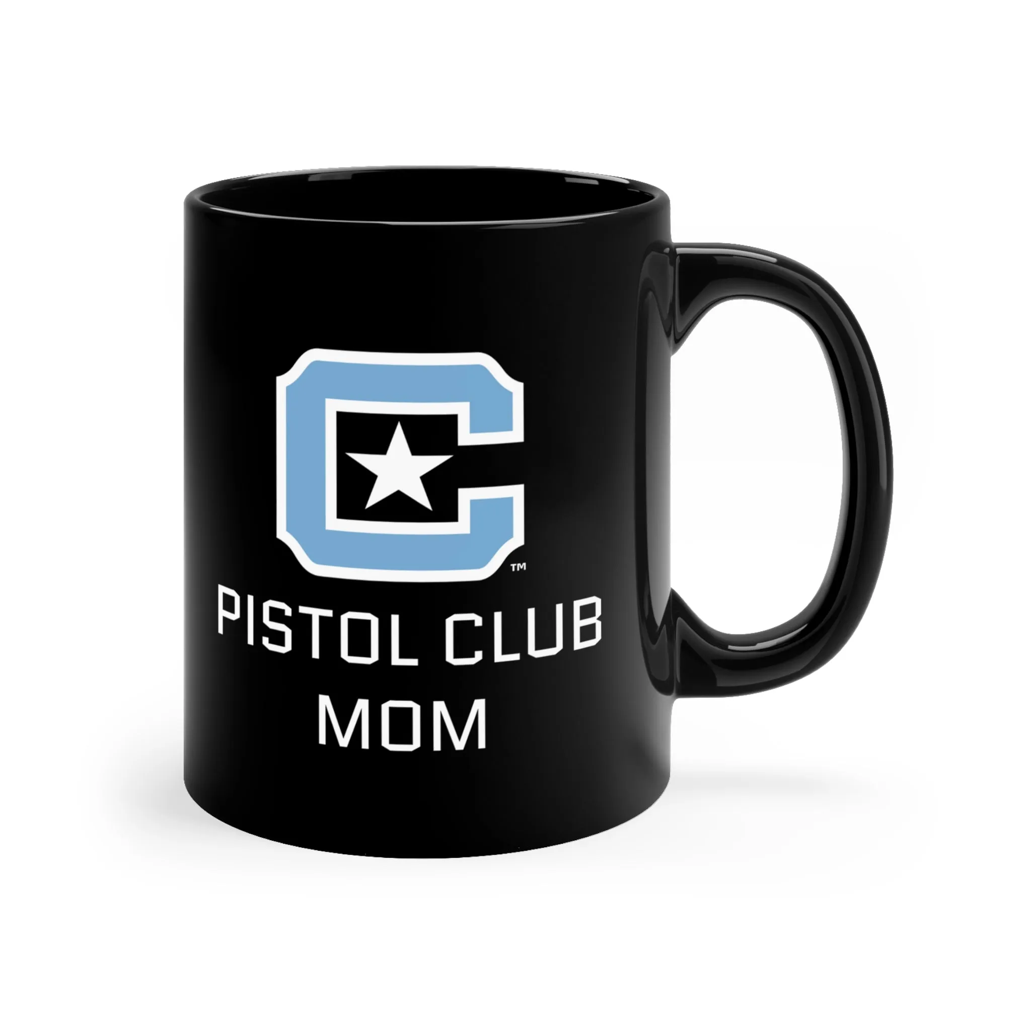 The Citadel Block C Logo, Club Sports Pistol Mom, Black Mug, 11oz