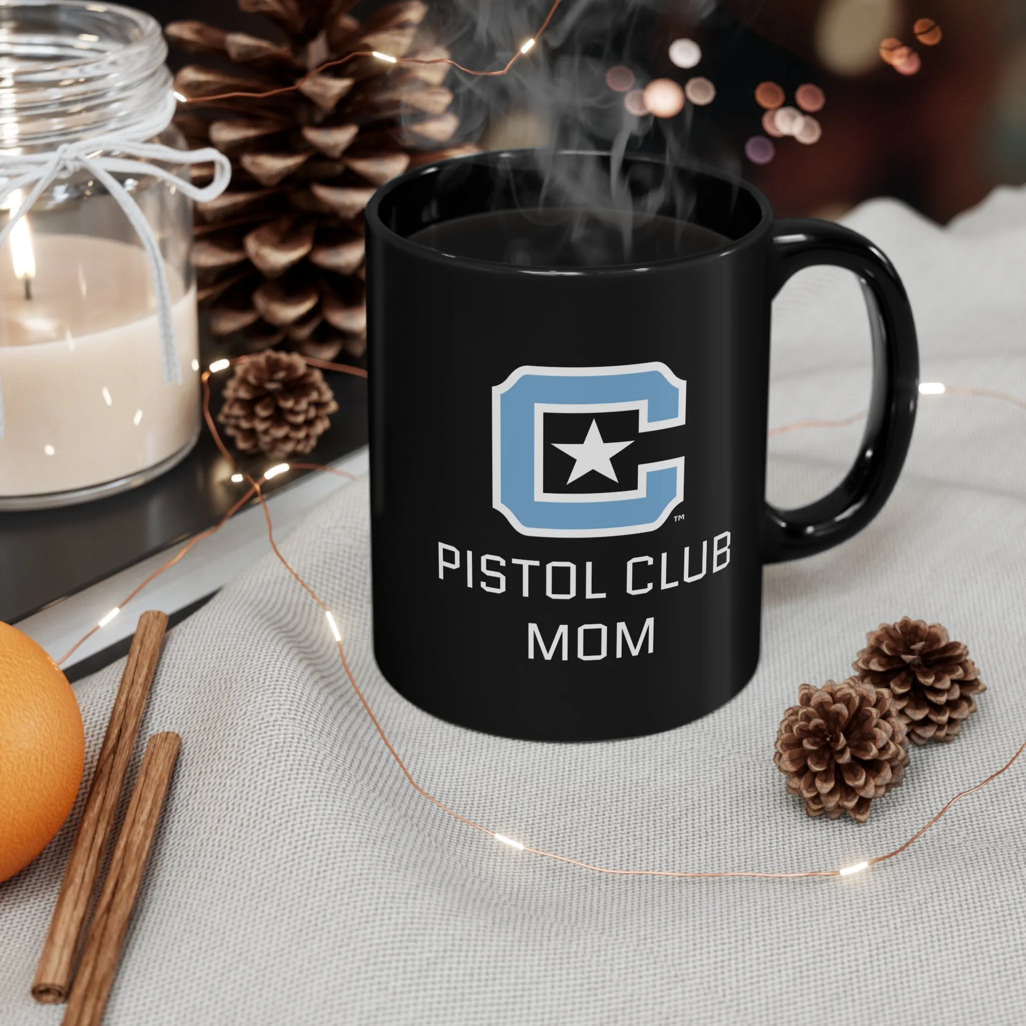 The Citadel Block C Logo, Club Sports Pistol Mom, Black Mug, 11oz