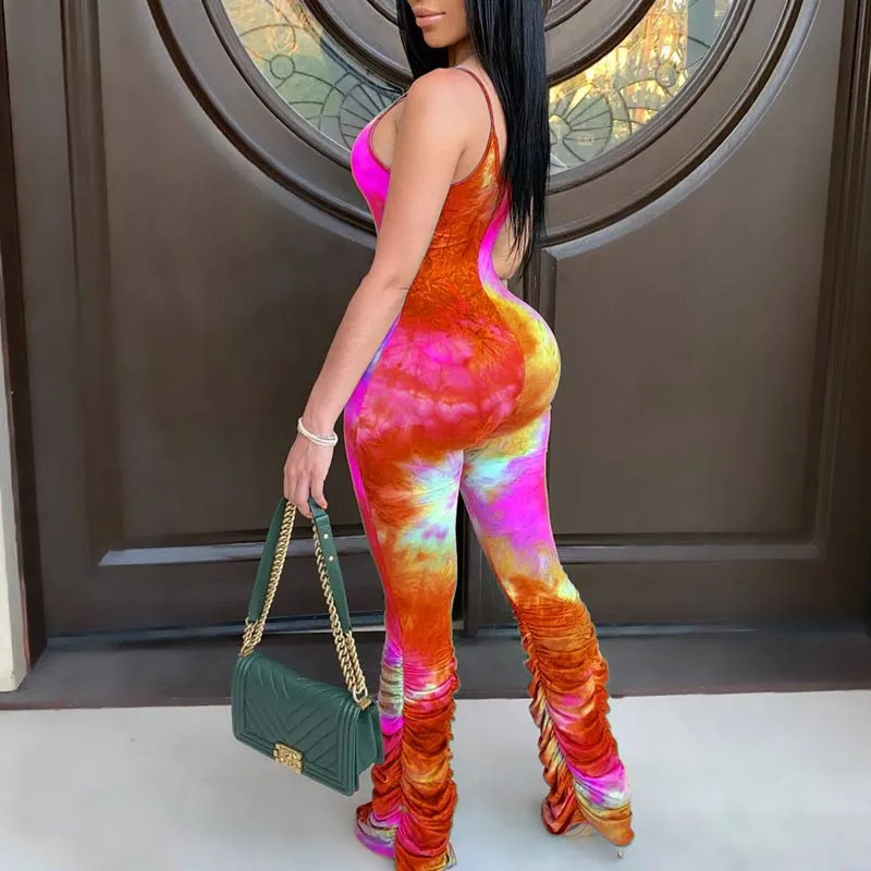 Tie Dye Print Sleeveless Stacked Jumpsuit
