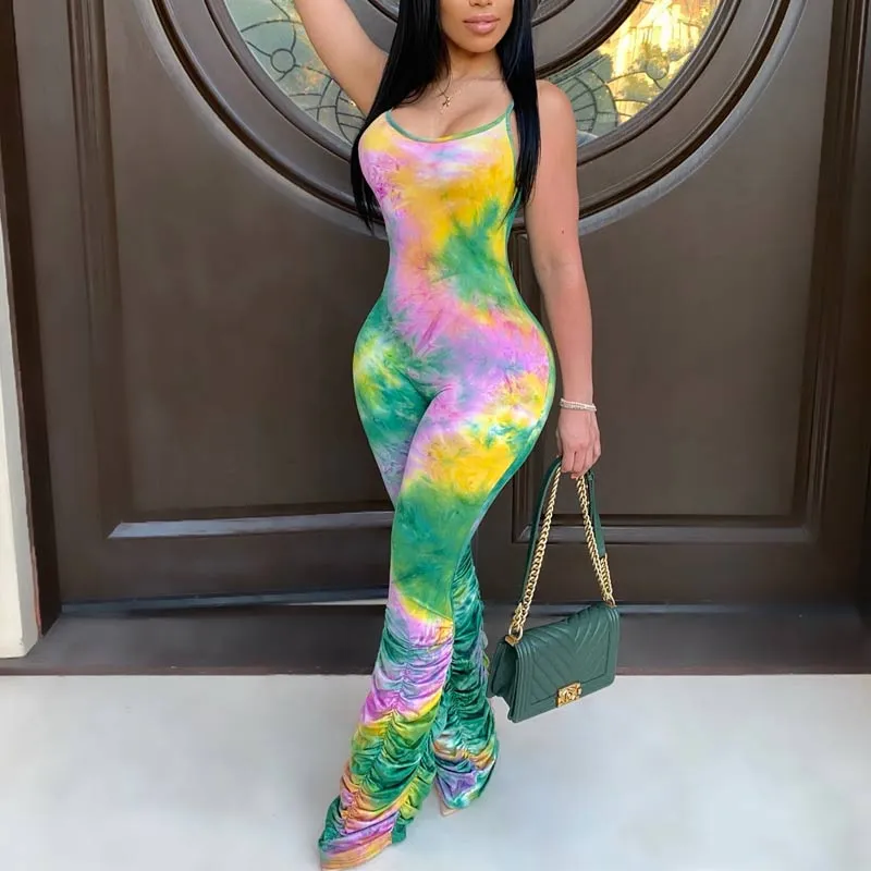 Tie Dye Print Sleeveless Stacked Jumpsuit