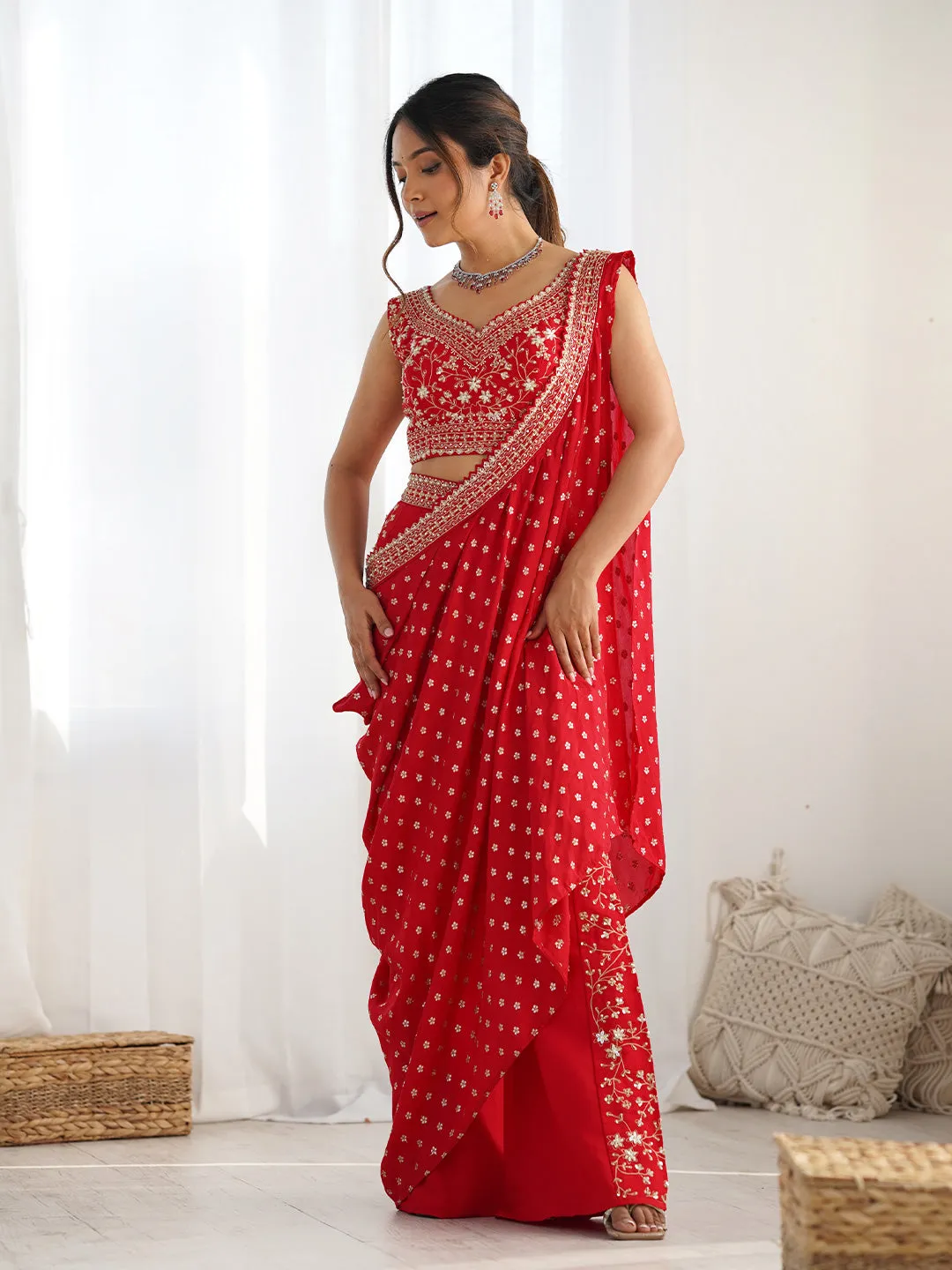 Tradition Crimson Elegance Red Fusion Indo-Western Saree