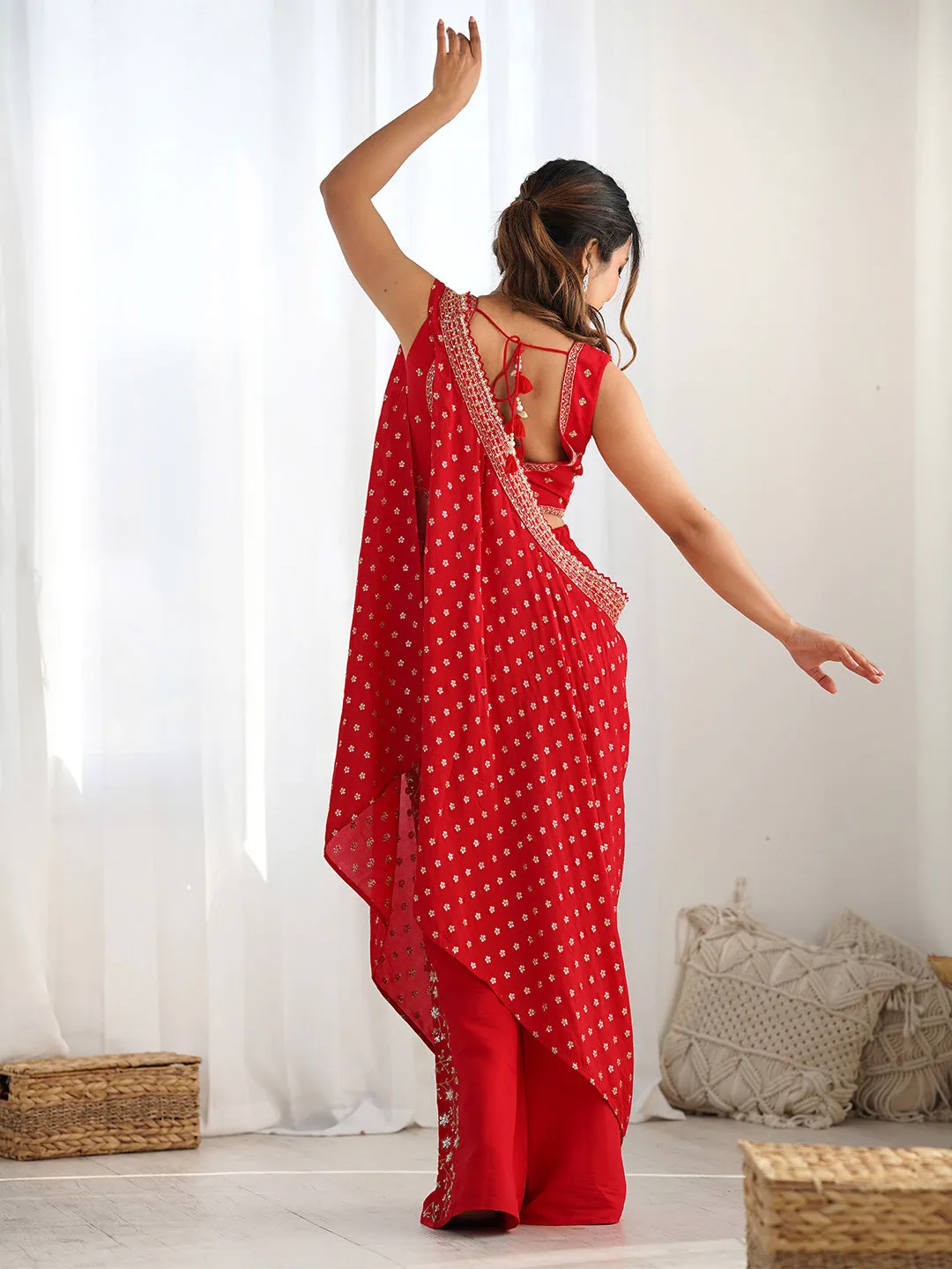 Tradition Crimson Elegance Red Fusion Indo-Western Saree